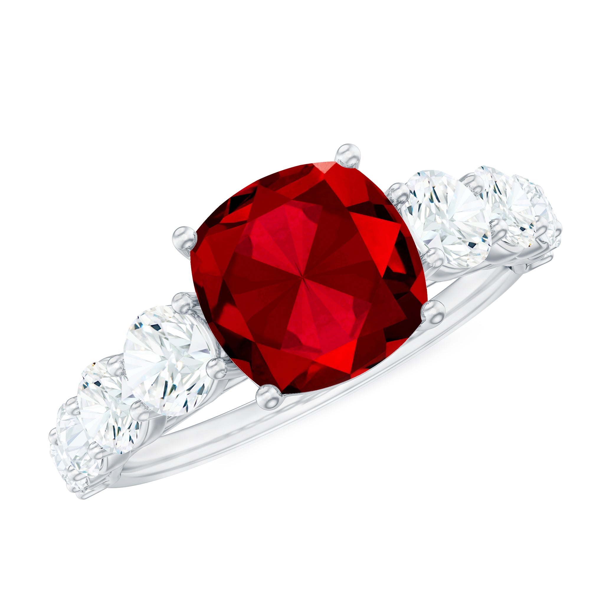 Asscher Cut Created Ruby Solitaire Ring with Moissanite Side Stones