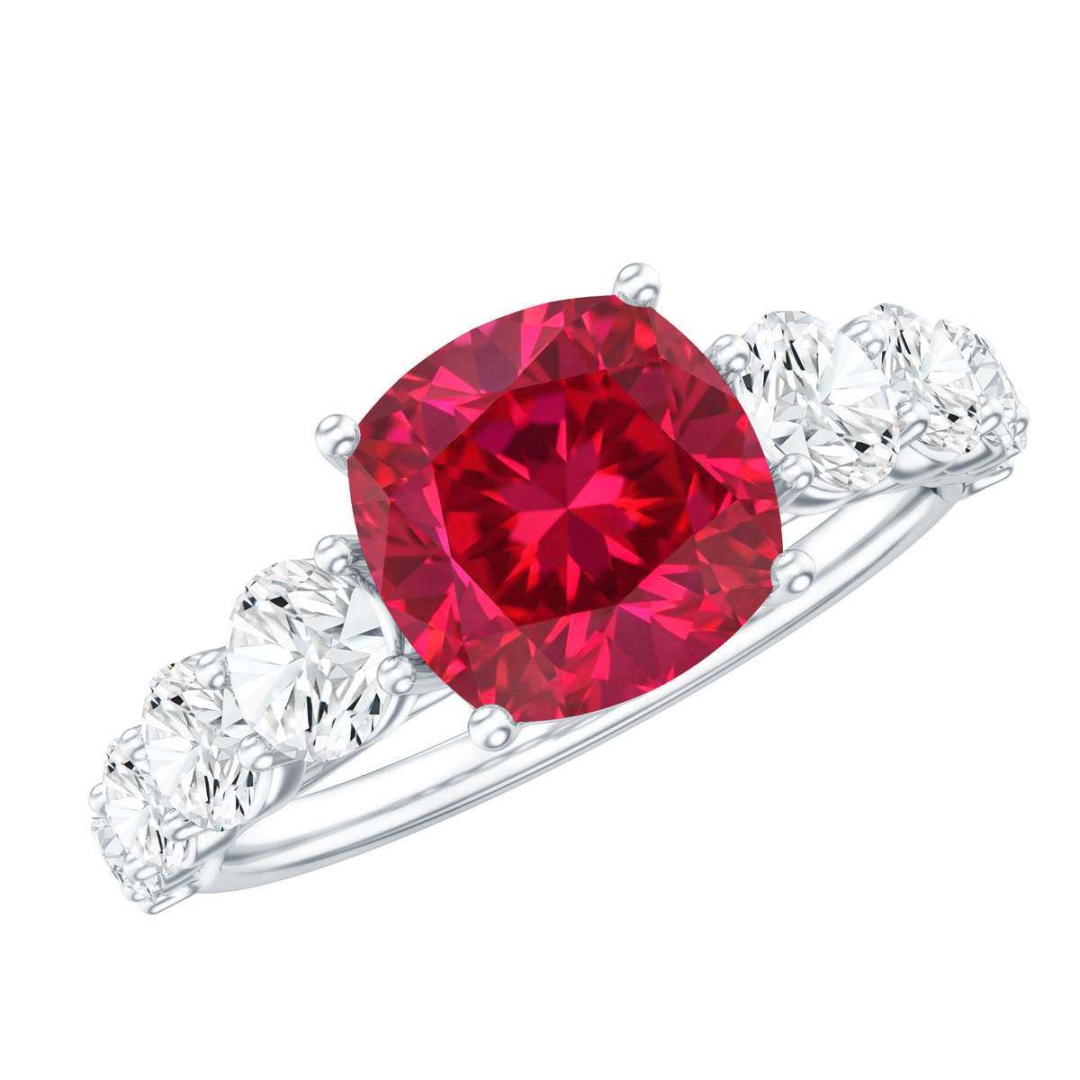 2 Carat Cushion Cut Lab Created Ruby Engagement Ring with Side Stones AAAA - Rosec Jewels