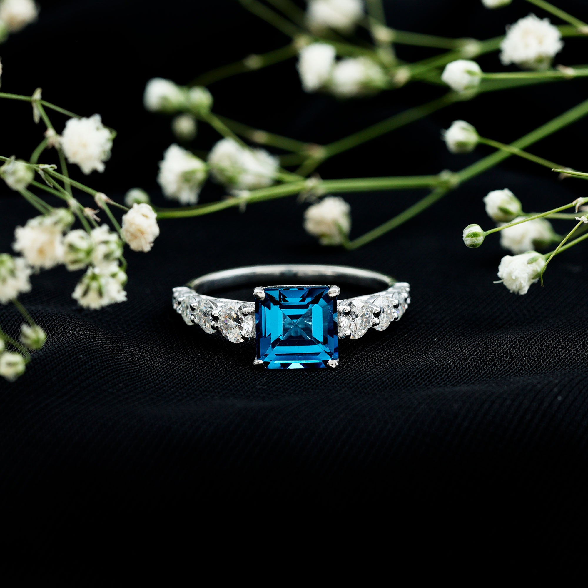 8mm Asscher Cut London Blue Topaz Solitaire Engagement Ring with Moissanite AAA - Rosec Jewels