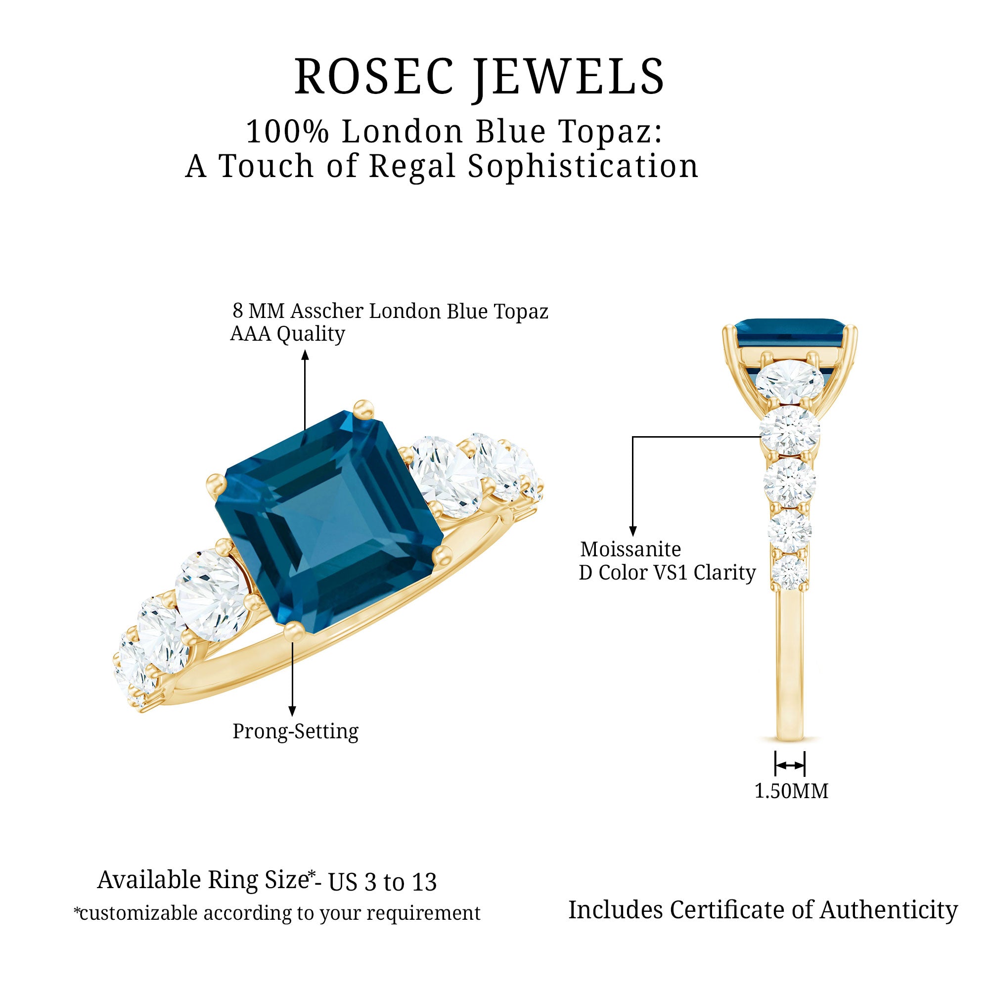 8mm Asscher Cut London Blue Topaz Solitaire Engagement Ring with Moissanite AAA - Rosec Jewels