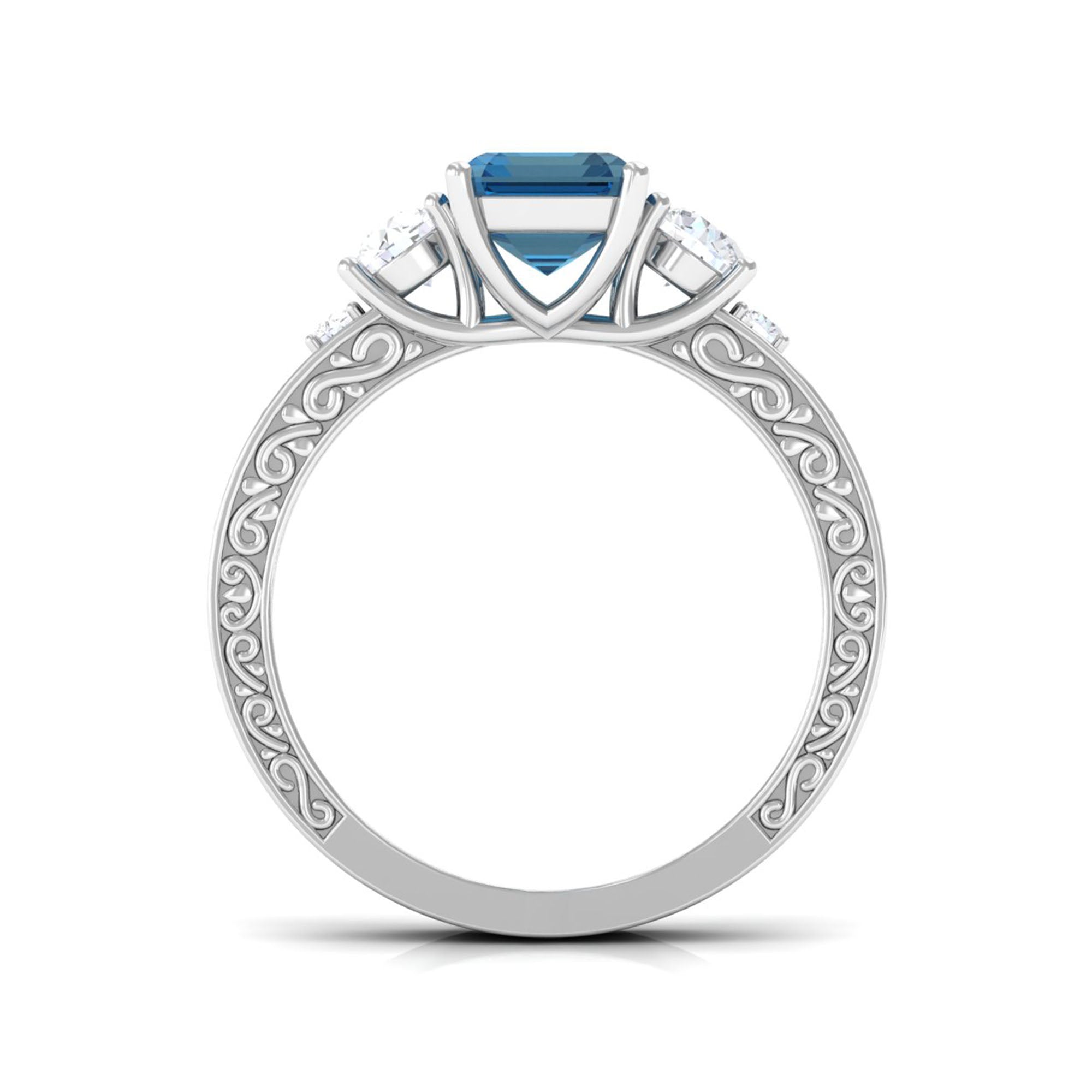 6X8mm Emerald Cut London Blue Topaz Statement Ring with Engraved Shank AAA - Rosec Jewels
