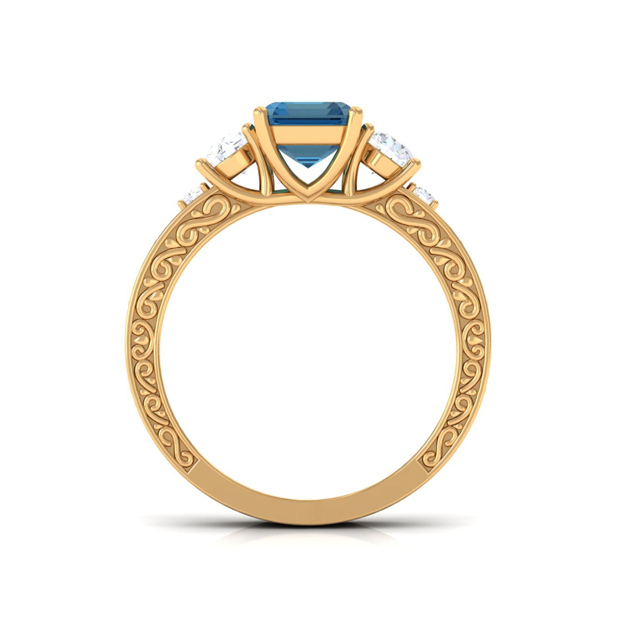 6X8mm Emerald Cut London Blue Topaz Statement Ring with Engraved Shank AAA - Rosec Jewels