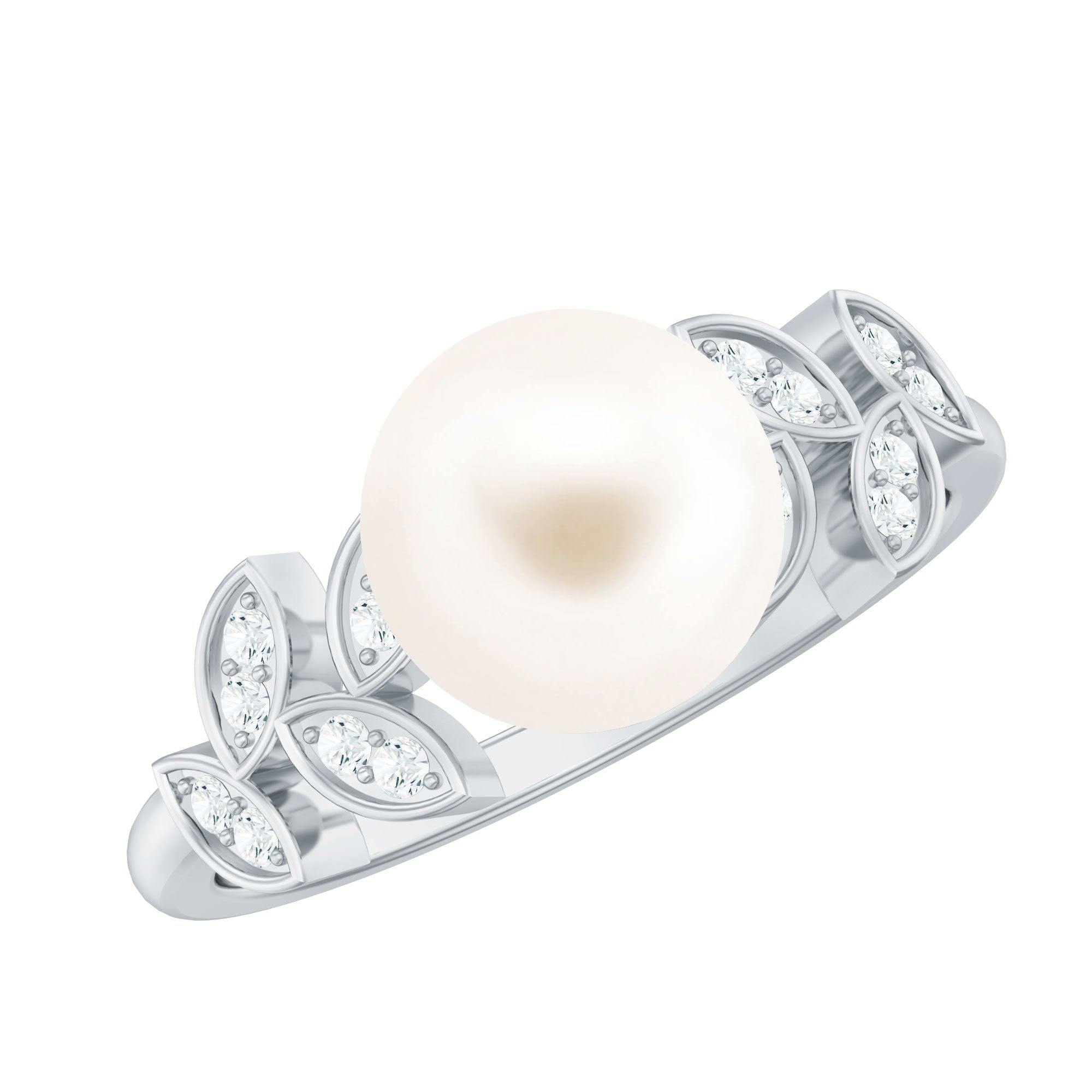 Freshwater Pearl Solitaire Engagement Ring with Diamond Leaf Shank