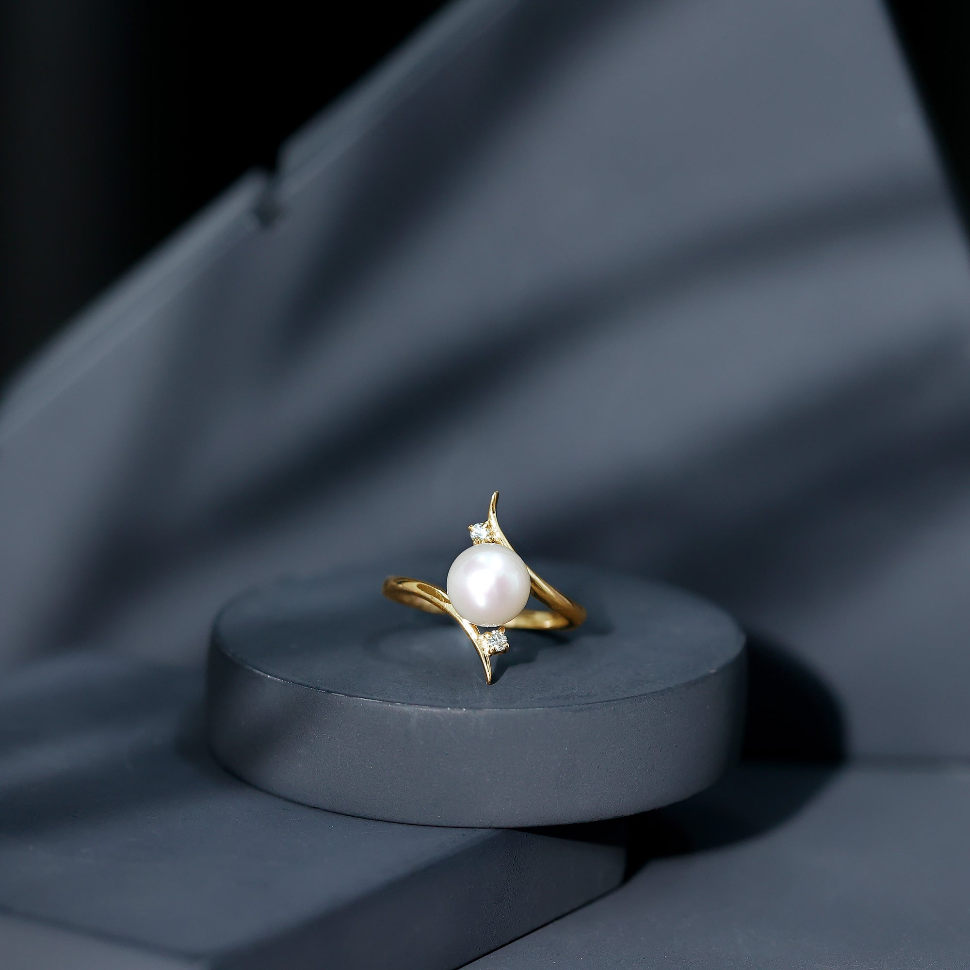 Rosec Jewels-Cultured 7.4 Carat Freshwater Pearl Engagement Ring with Diamond Bypass Shank