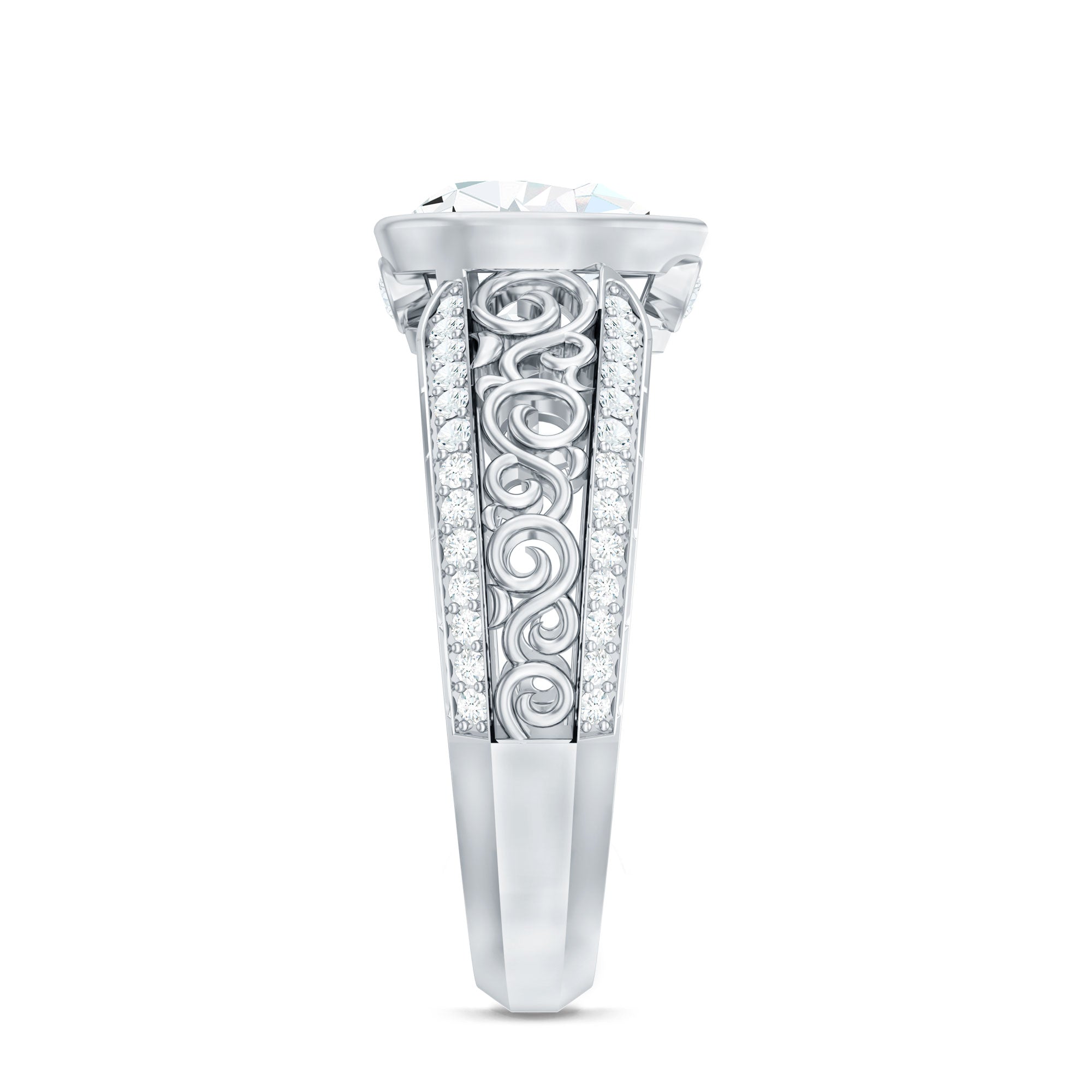 Bezel Set Moissanite Pear Engagement Ring with Filigree Details D-VS1 - Rosec Jewels