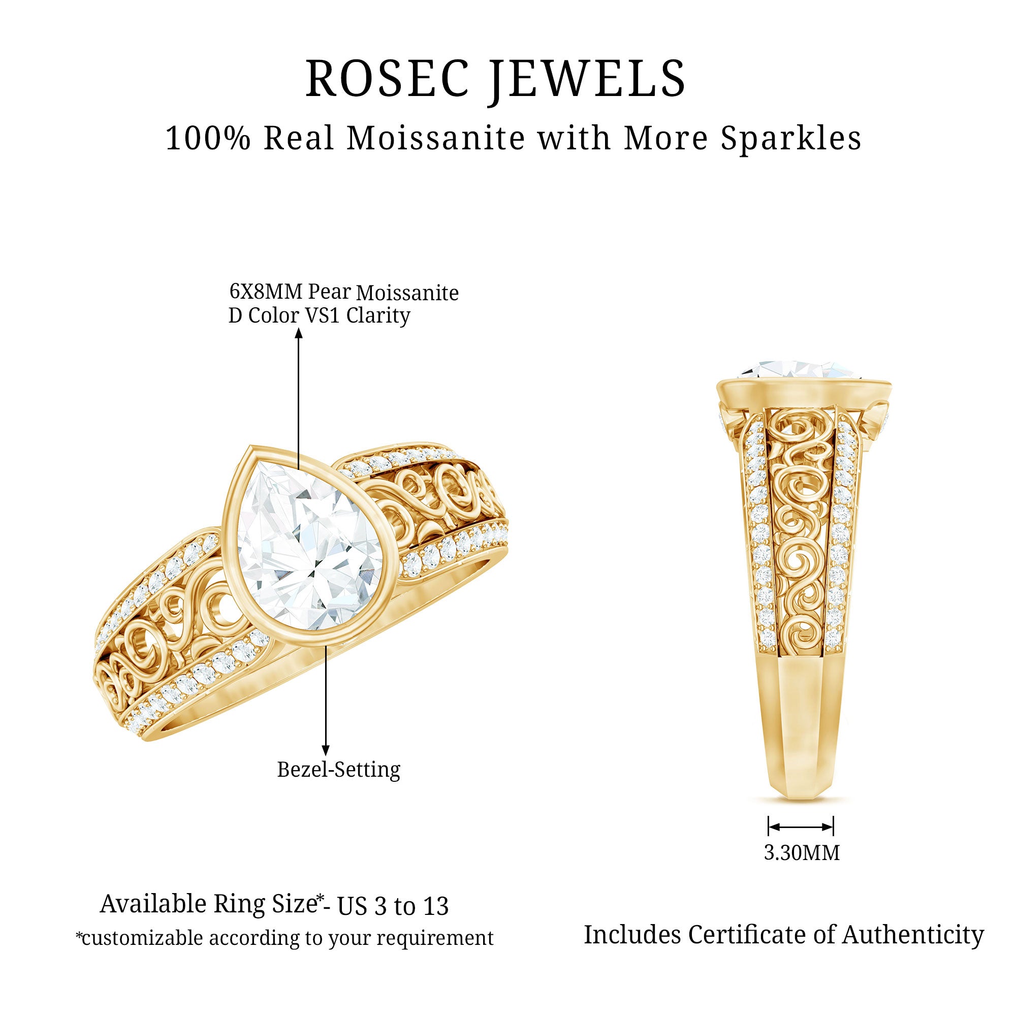 Bezel Set Moissanite Pear Engagement Ring with Filigree Details D-VS1 - Rosec Jewels