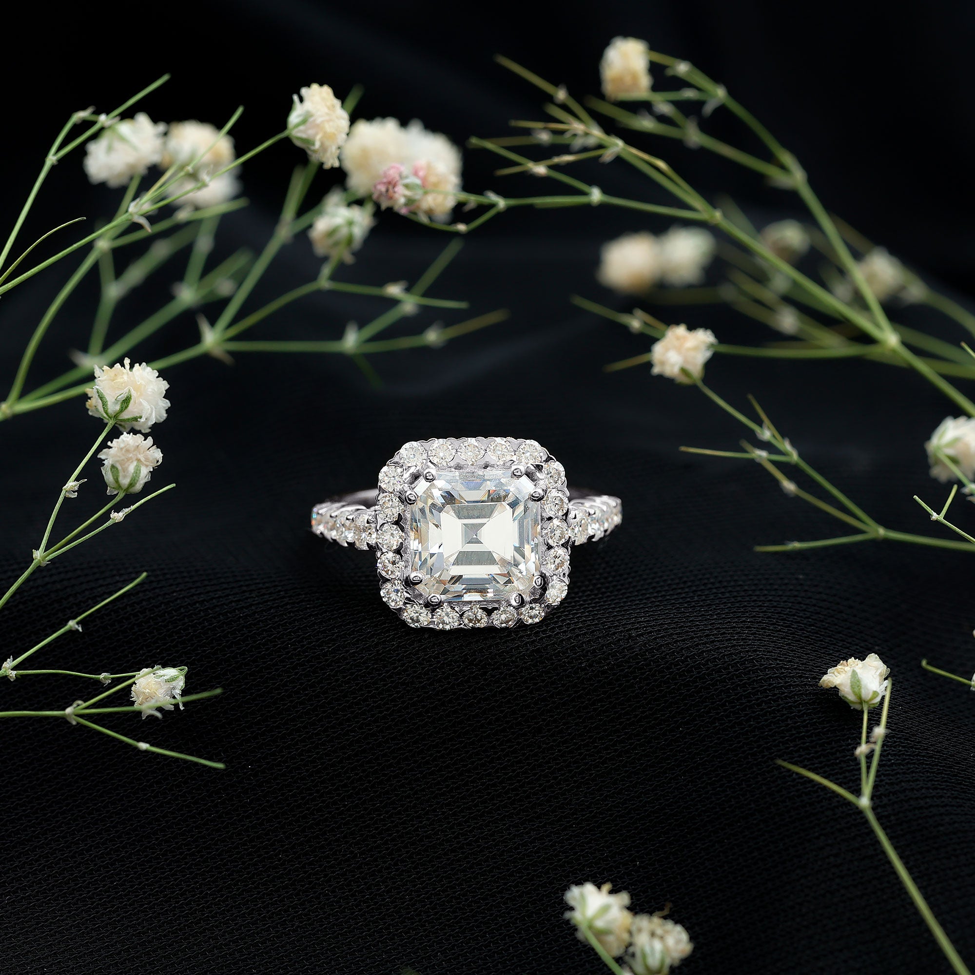Certified 9 MM Asscher Cut Moissanite Halo Engagement Ring D-VS1 - Rosec Jewels