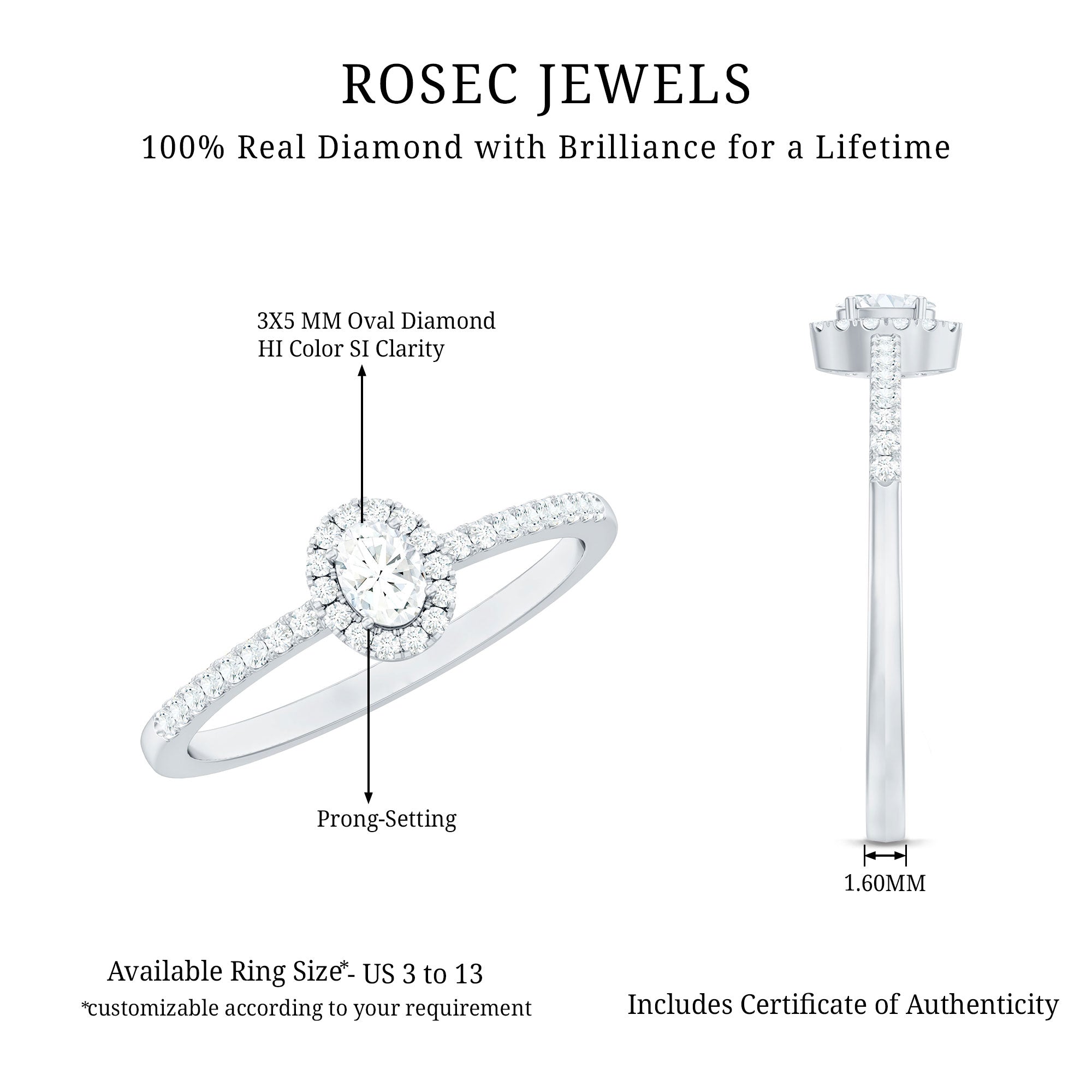 Certified Natural Diamond Oval Engagement Ring with Halo Natural - ( HI-SI ) - Rosec Jewels