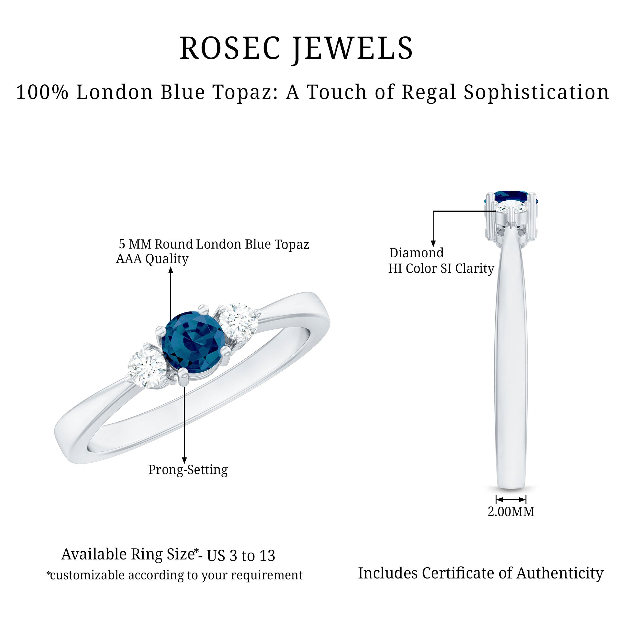 5mm London Blue Topaz Proposal Ring with Diamond AAA - Rosec Jewels