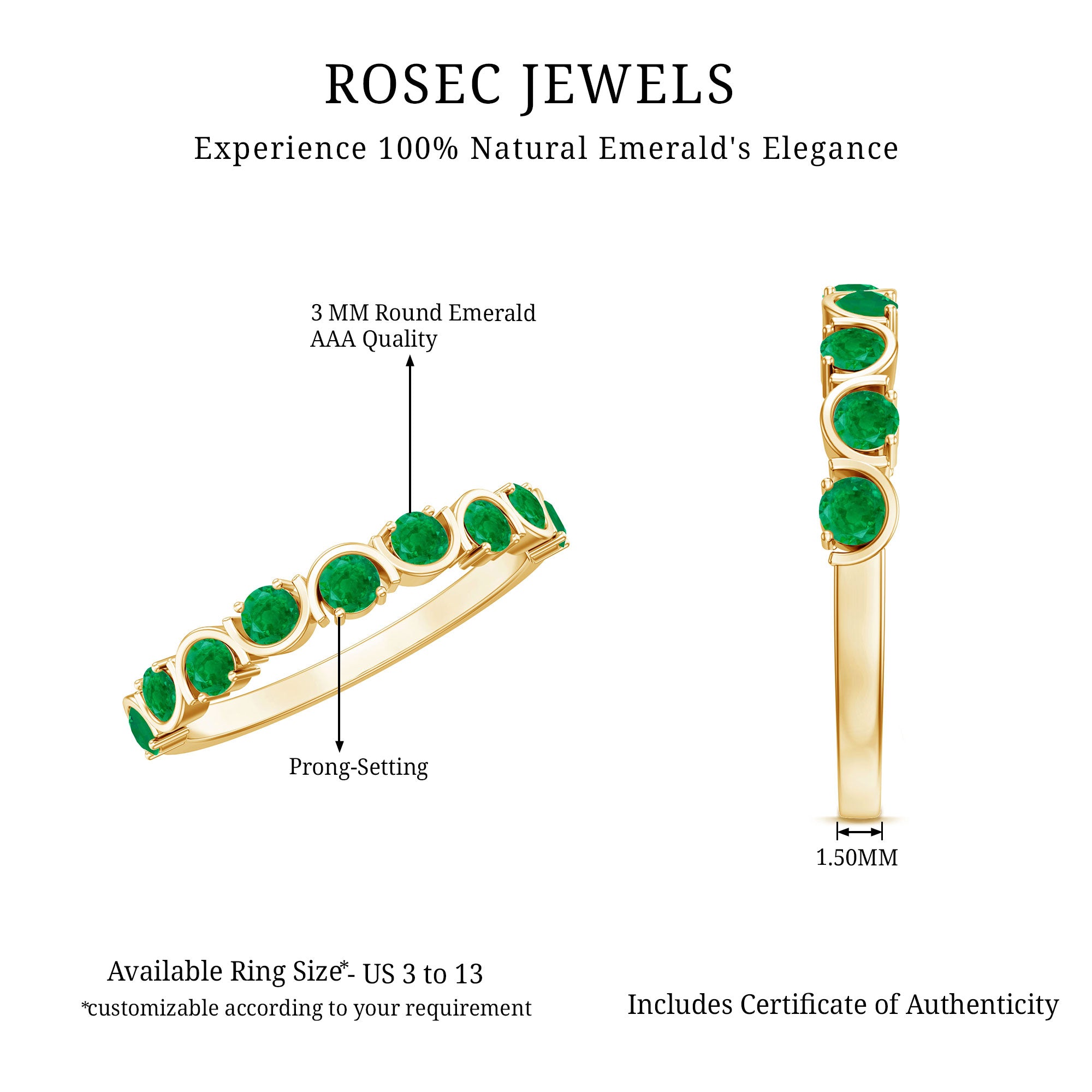 Natural Green Emerald Half Eternity Stackable Ring AAA - Rosec Jewels