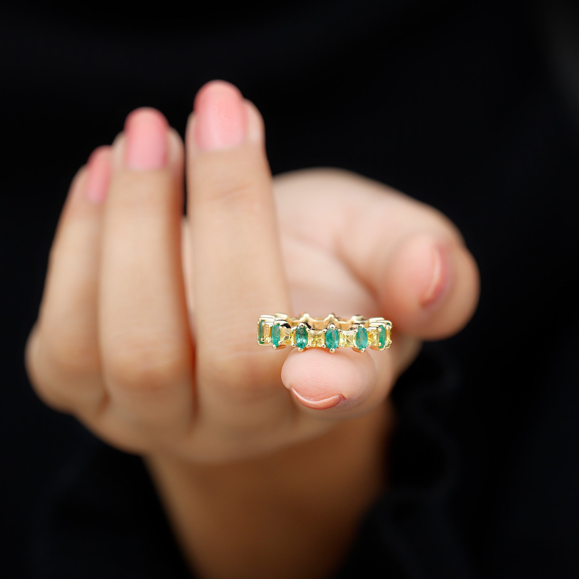 Designer Yellow Sapphire and Emerald Eternity Wedding Band AAA - Rosec Jewels