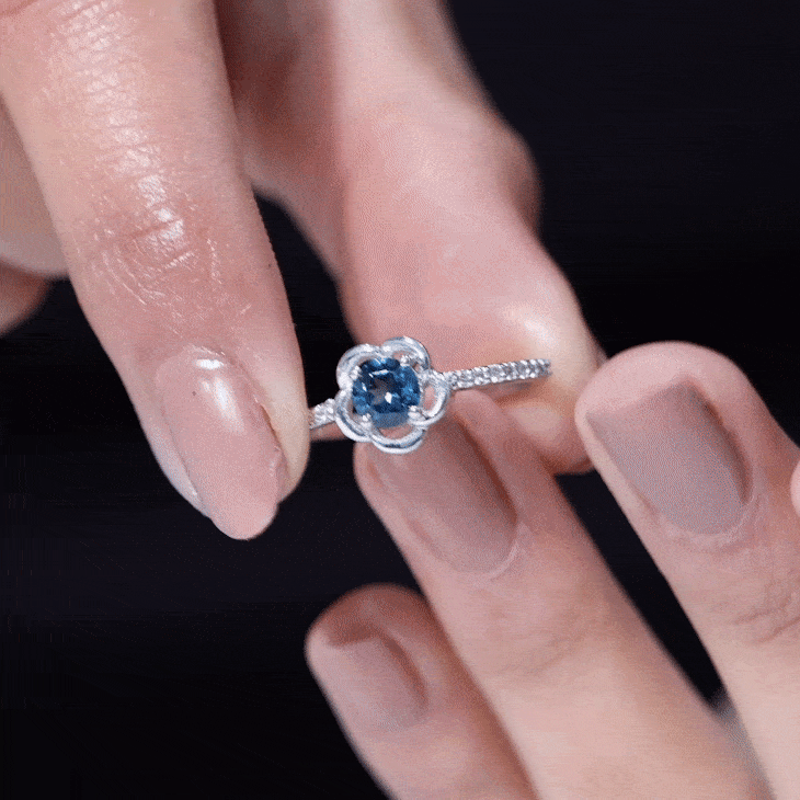 5mm Round London Blue Topaz Flower Promise Ring with Diamond AAA - Rosec Jewels