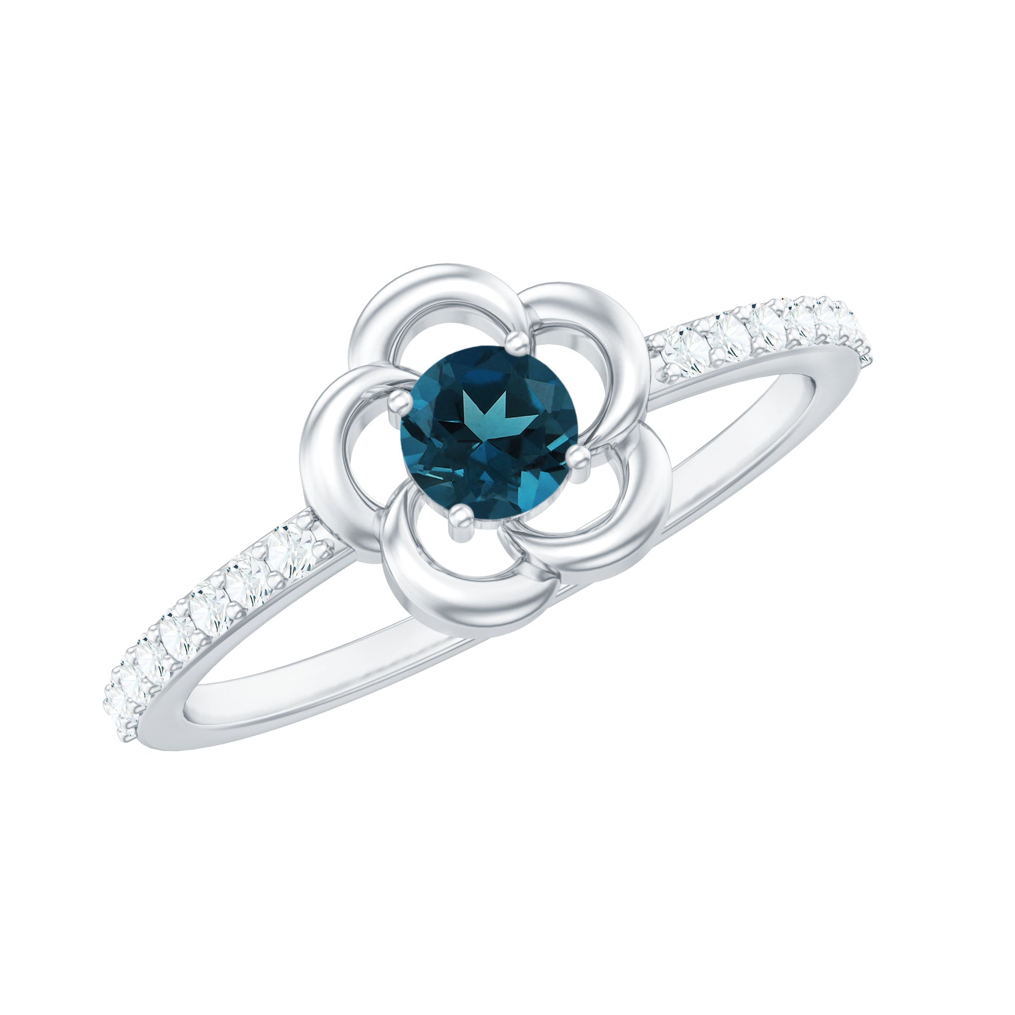 5mm Round London Blue Topaz Flower Promise Ring with Diamond AAA - Rosec Jewels