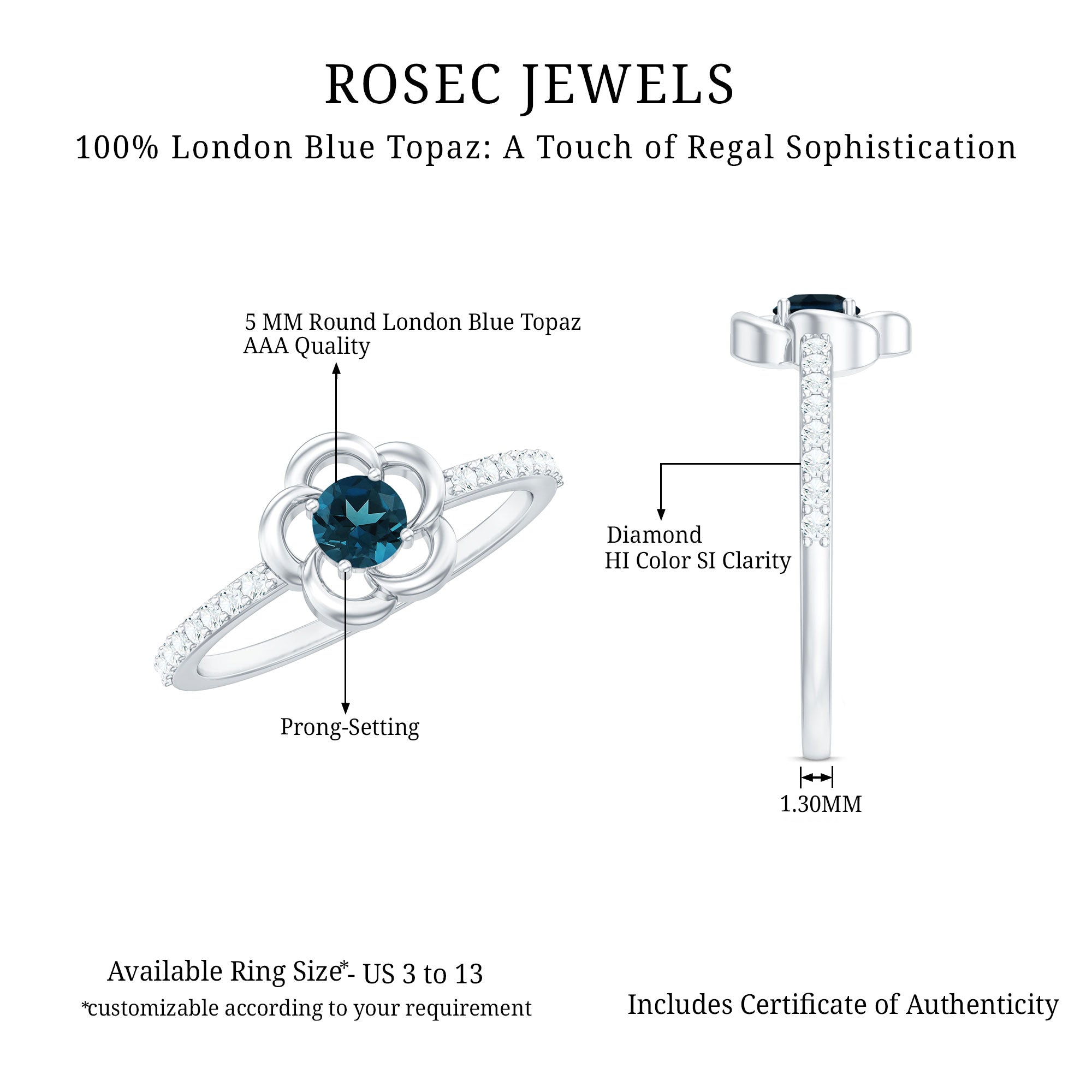 5mm Round London Blue Topaz Flower Promise Ring with Diamond AAA - Rosec Jewels