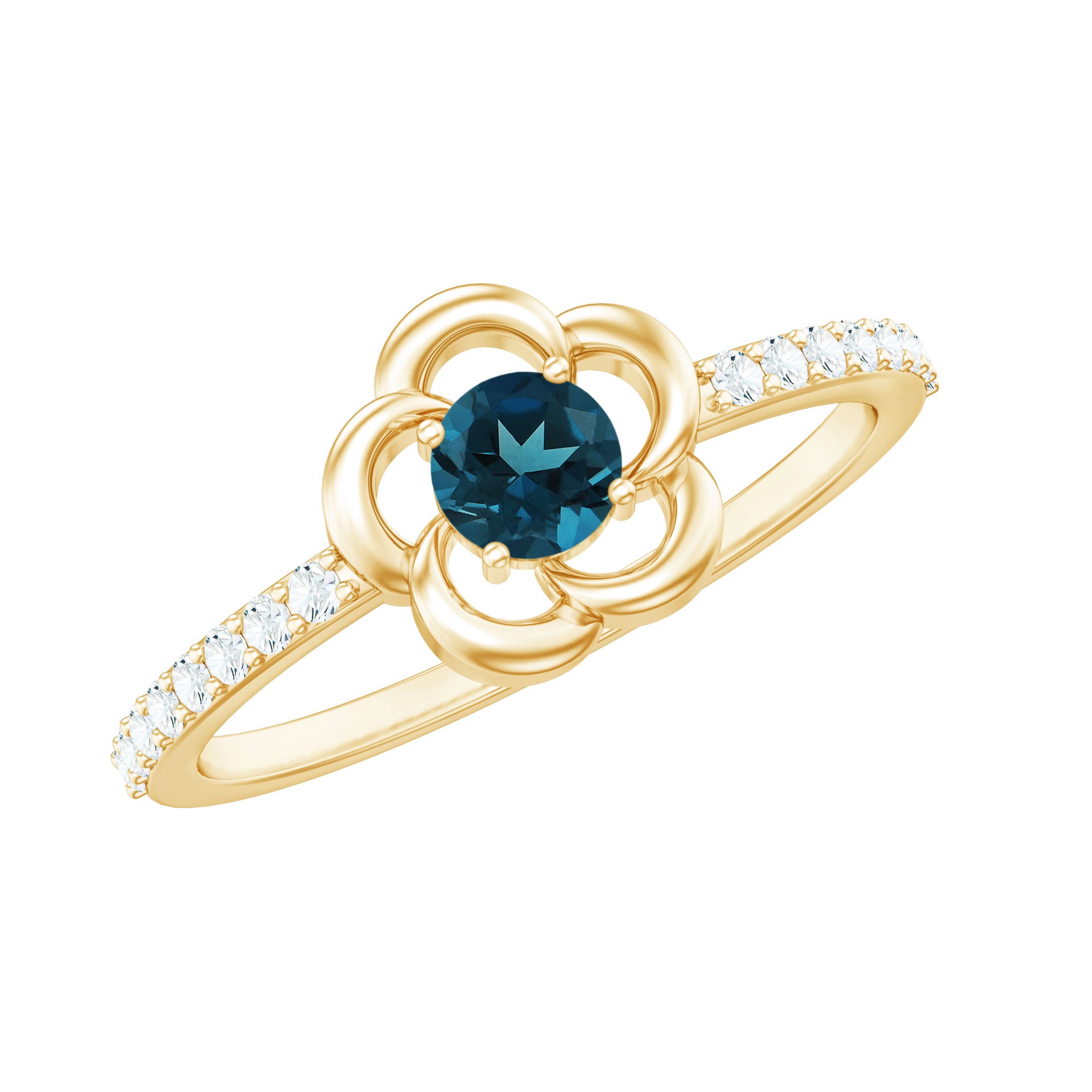 5mm Round London Blue Topaz Flower Promise Ring with Diamond AAA - Rosec Jewels