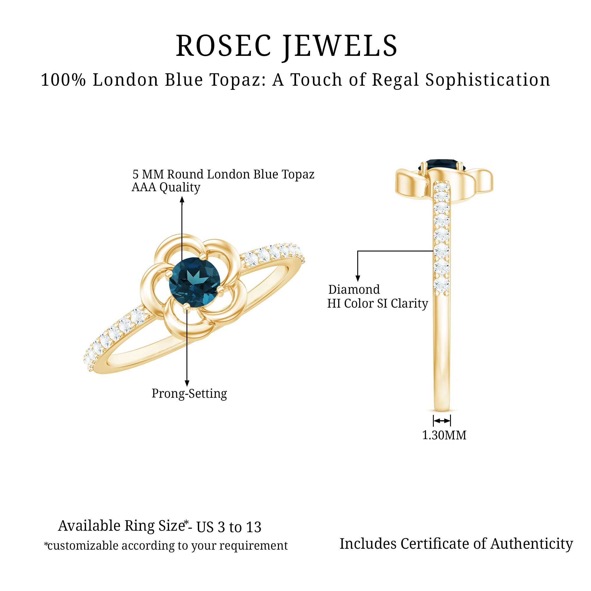 5mm Round London Blue Topaz Flower Promise Ring with Diamond AAA - Rosec Jewels