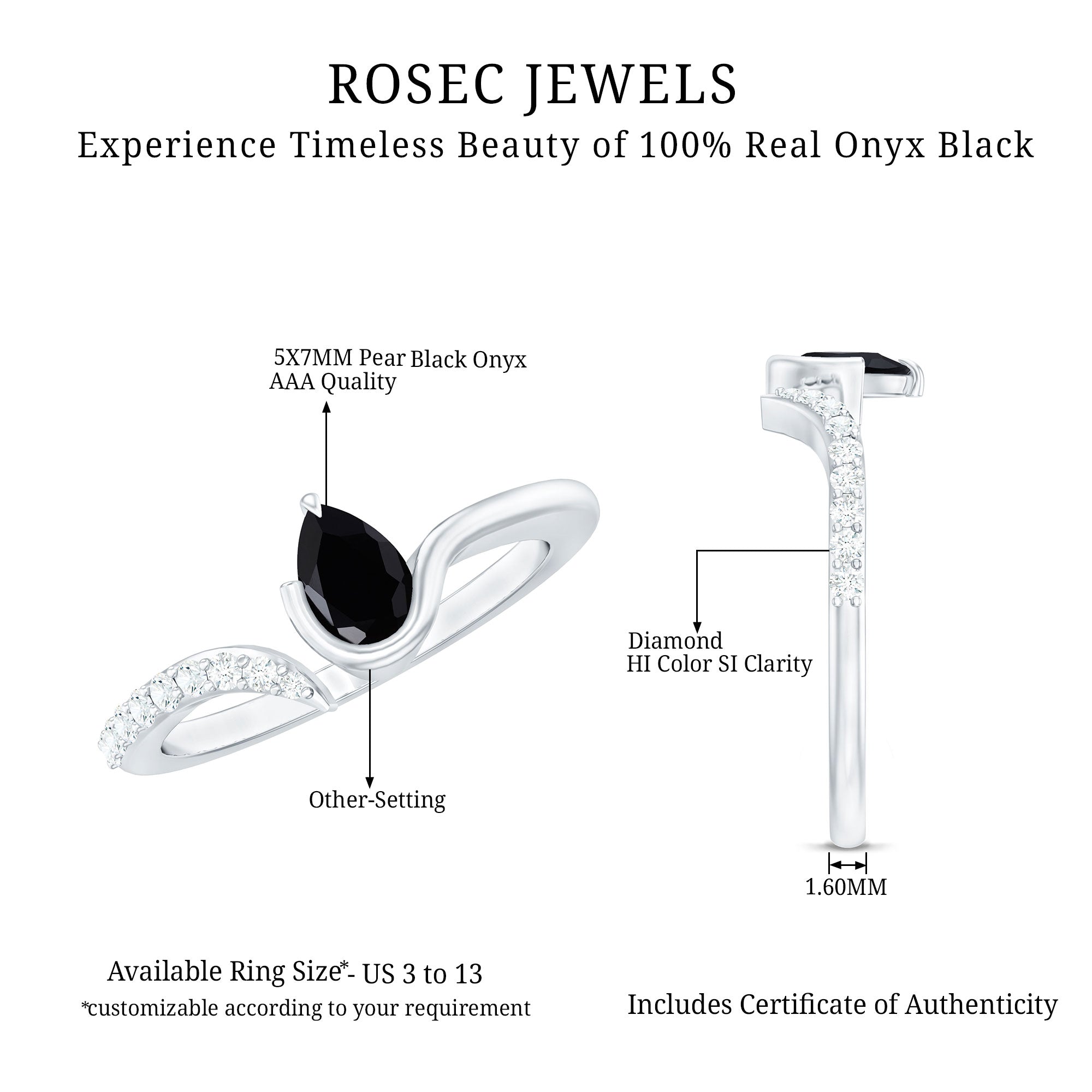 Rosec Jewels-Pear Shaped Black Onyx Promise Ring with Diamonds