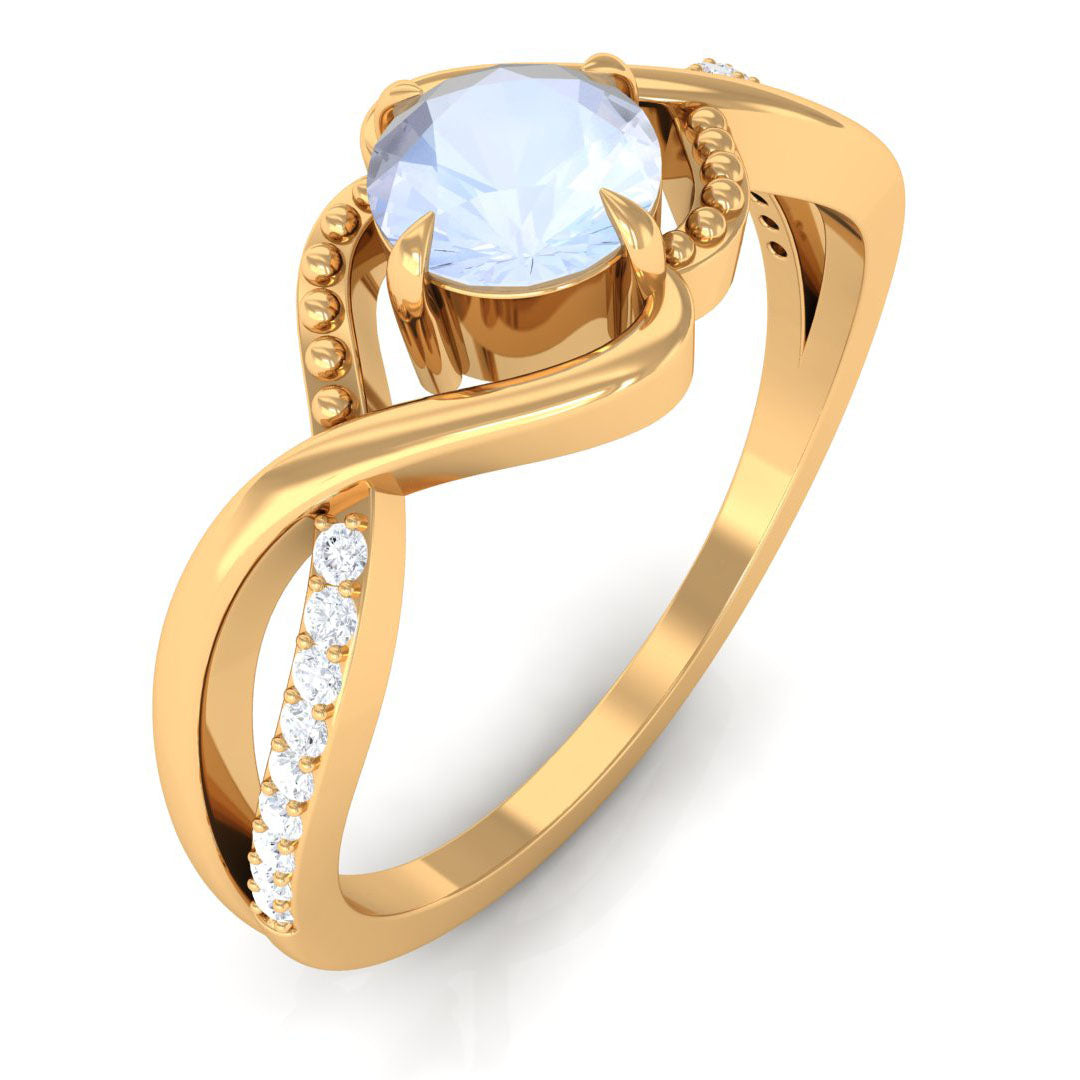 1/2 CT Claw Set Moonstone Solitaire Crossover Ring with Diamond AAA - Rosec Jewels