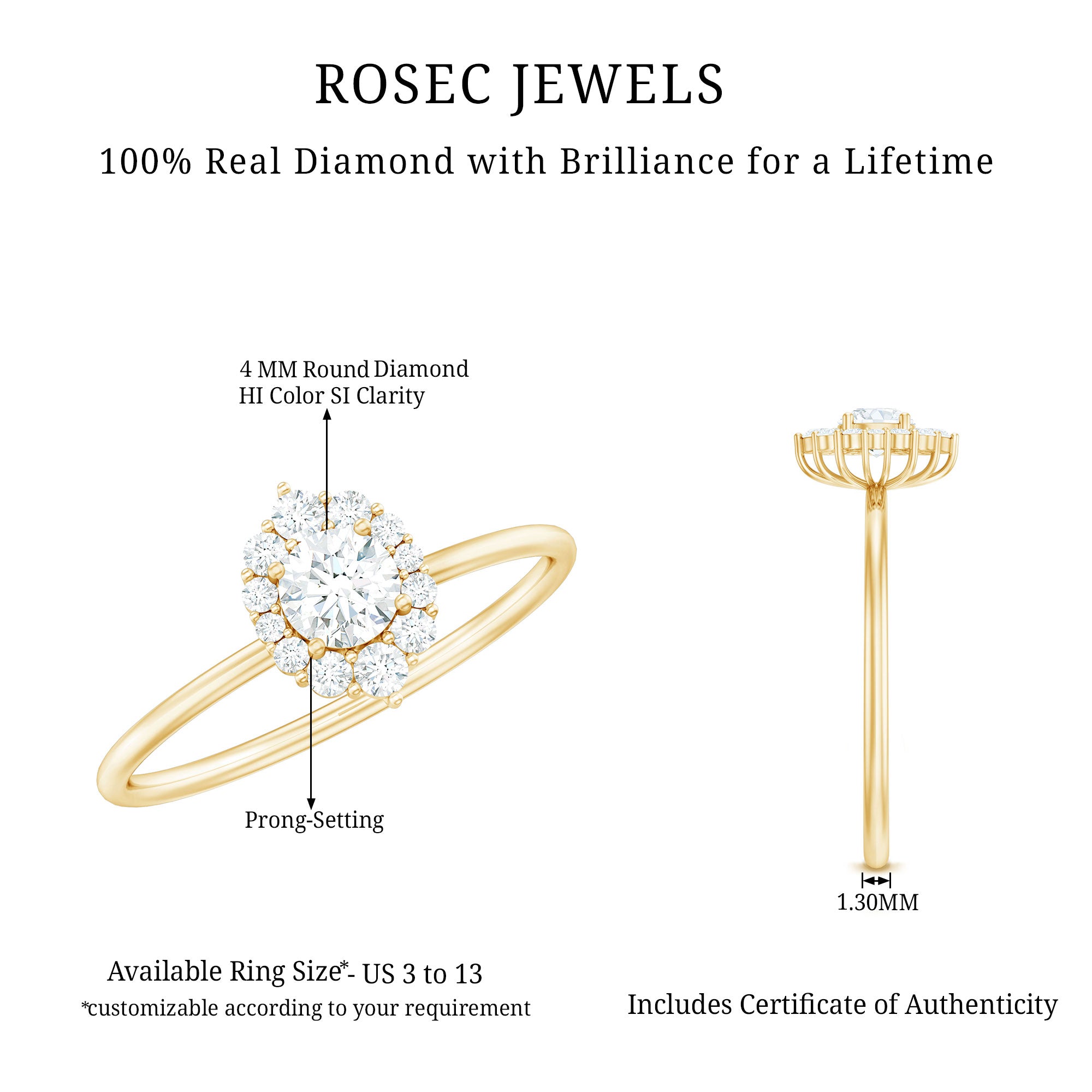 Minimal Real Diamond Engagement Ring with Halo Natural - ( HI-SI ) - Rosec Jewels