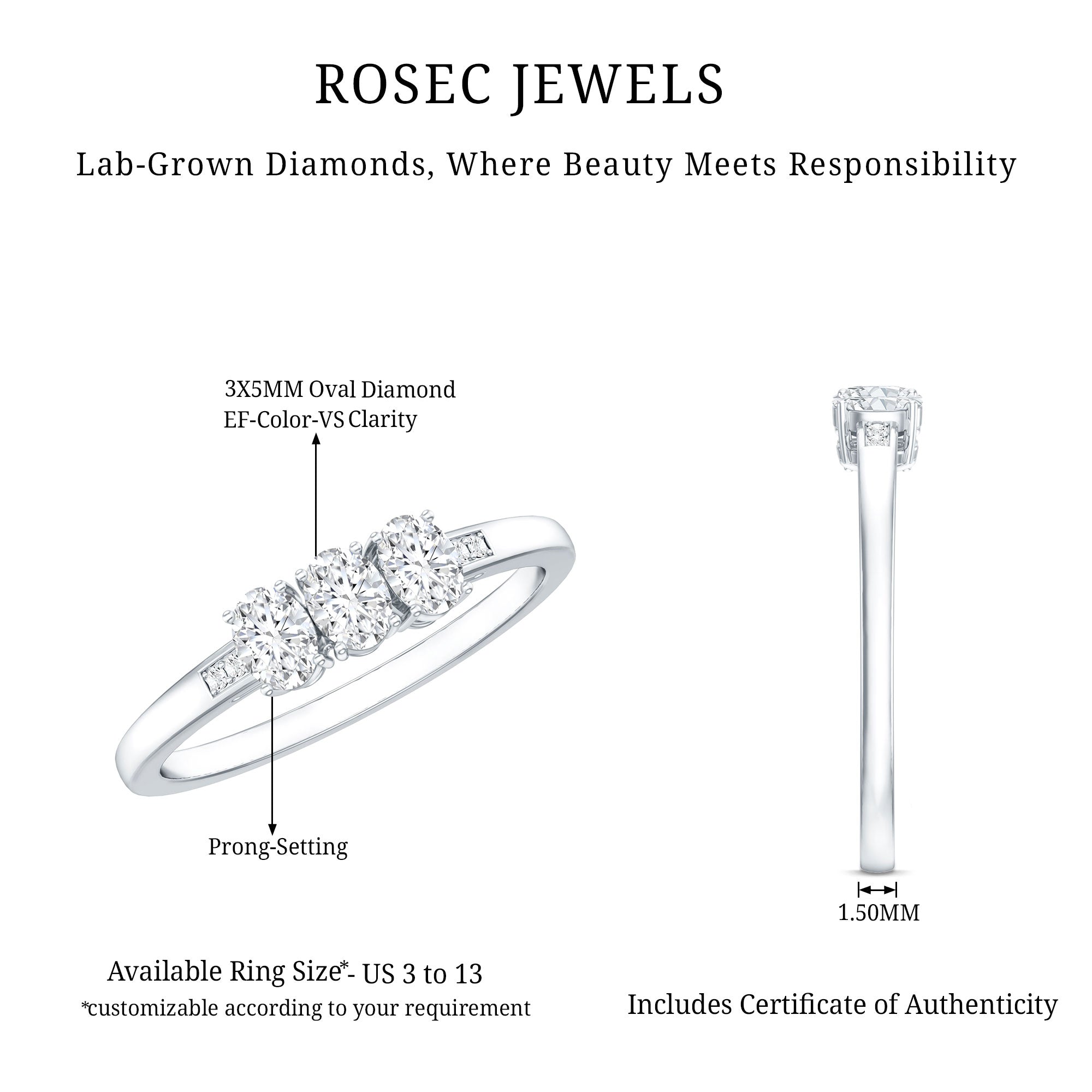 Lab Grown Oval Diamond 3 Stone Engagement Ring Lab - ( EF-VS ) - Rosec Jewels