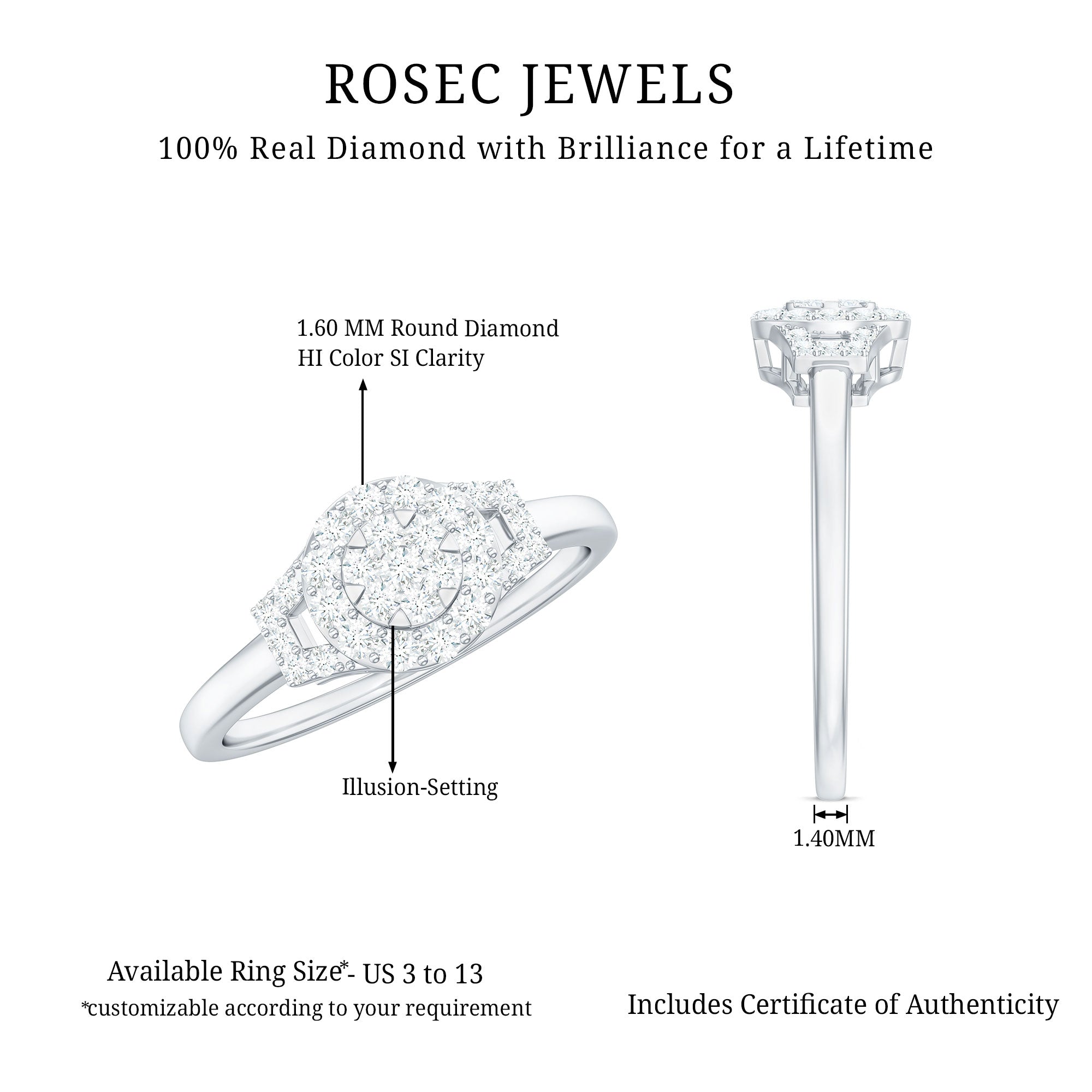 Real Diamond Engagement Ring with Halo Natural - ( HI-SI ) - Rosec Jewels