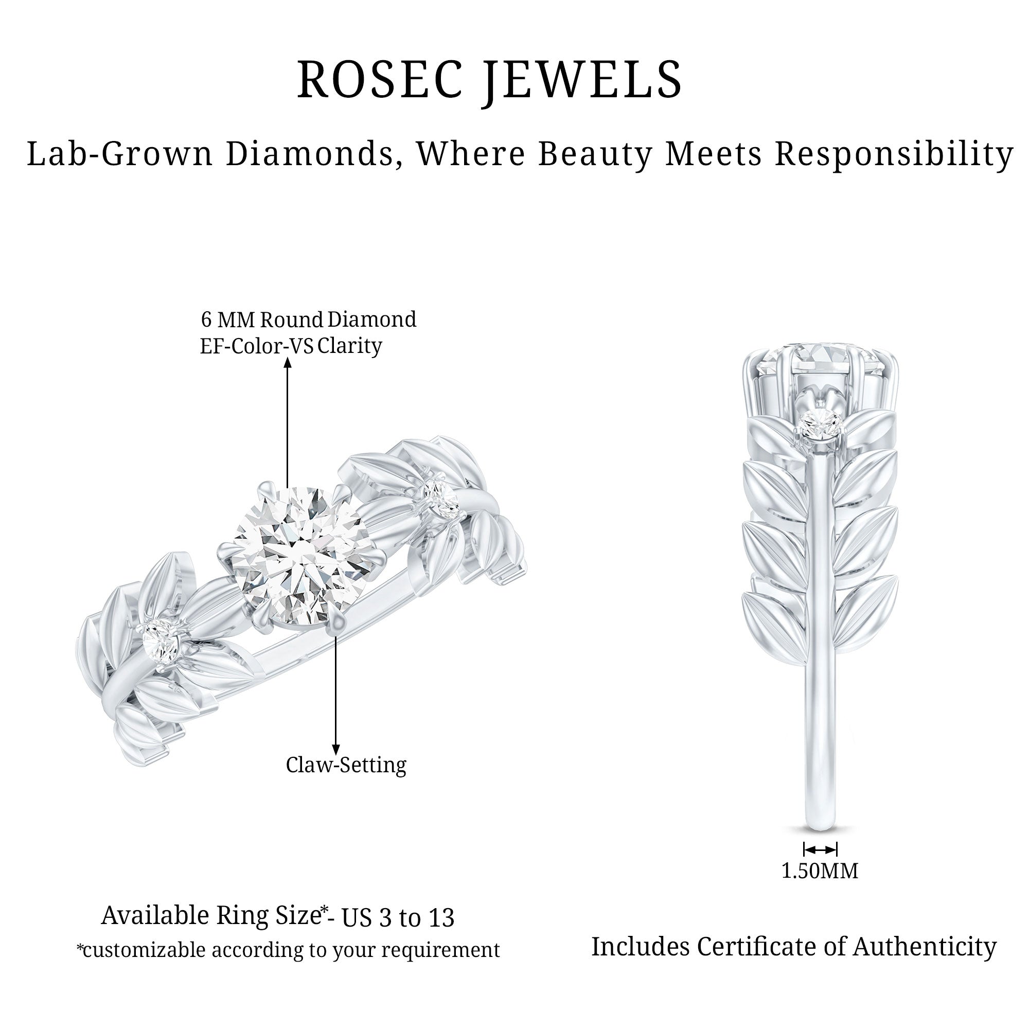 Rosec Jewels-6 MM Lab Grown Diamond Nature Inspired Engagement Ring