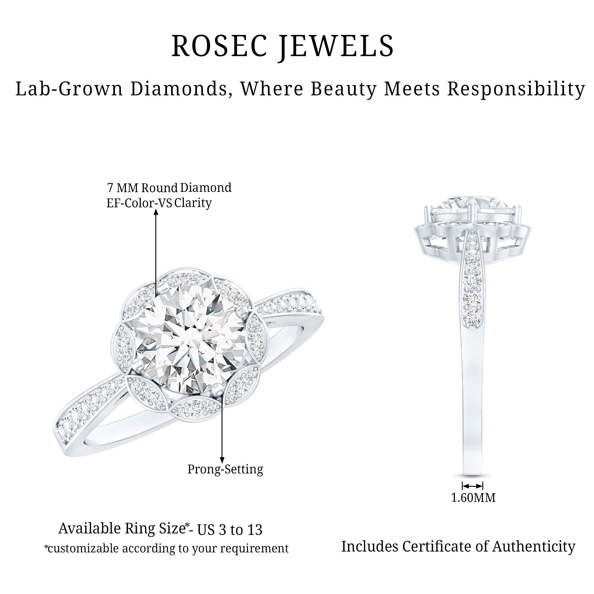 Rosec Jewels-Certified 7 MM Lab Grown Diamond Halo Engagement Ring