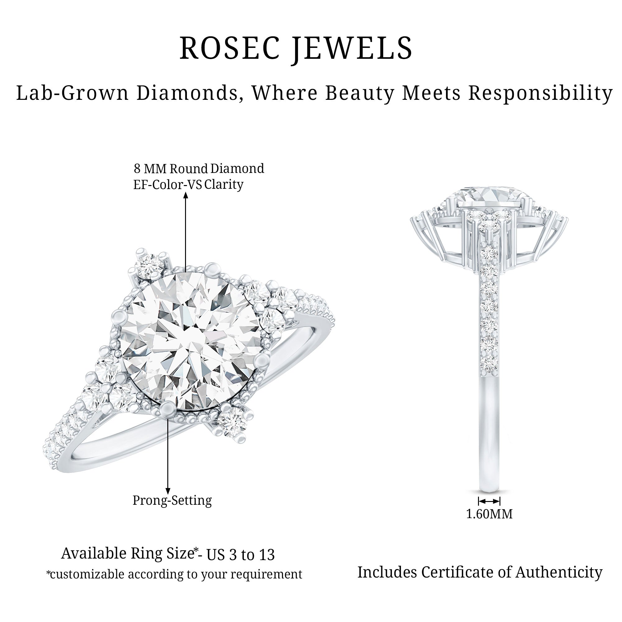 8 mm Lab Grown Diamond Vintage Inspired Engagement Ring Lab - ( EF-VS ) - Rosec Jewels