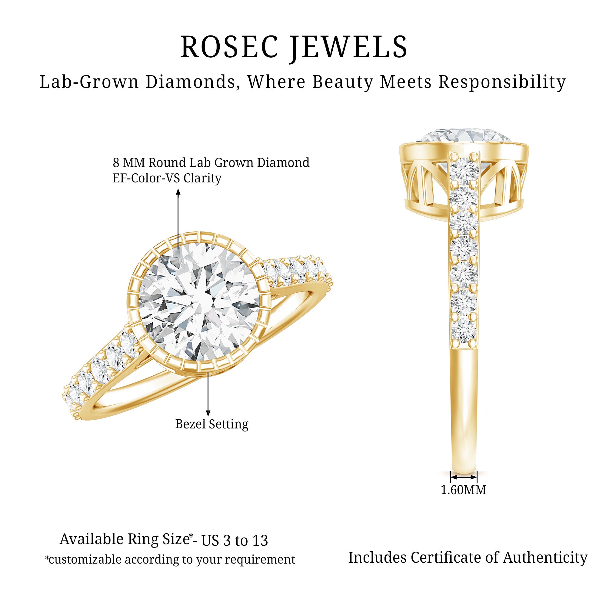 Certified Bezel Set Lab Grown Diamond Engagement Ring With Side Stones Lab - ( EF-VS ) - Rosec Jewels