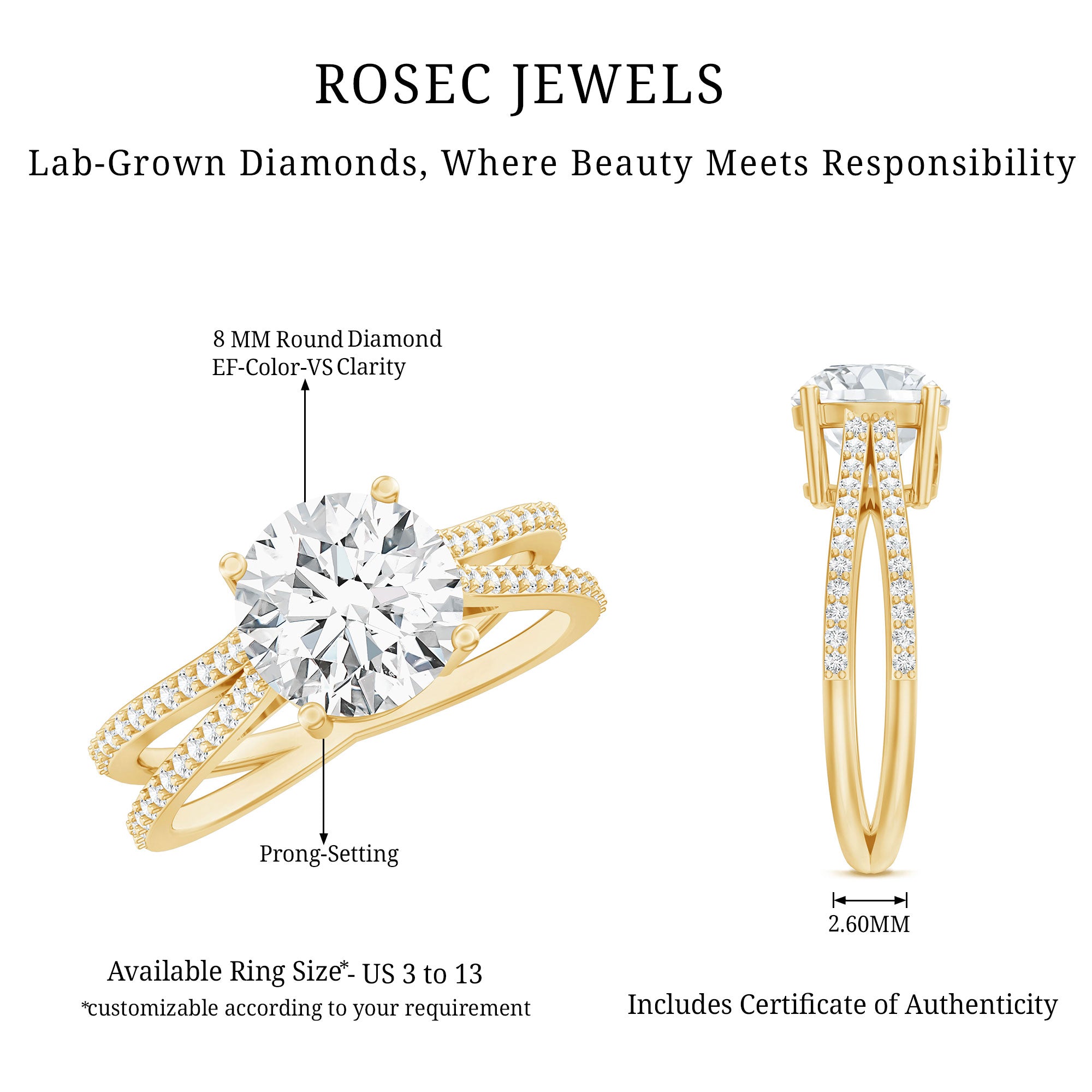 Rosec Jewels-Certified 8 mm Lab Grown Diamond Split Shank Engagement Ring