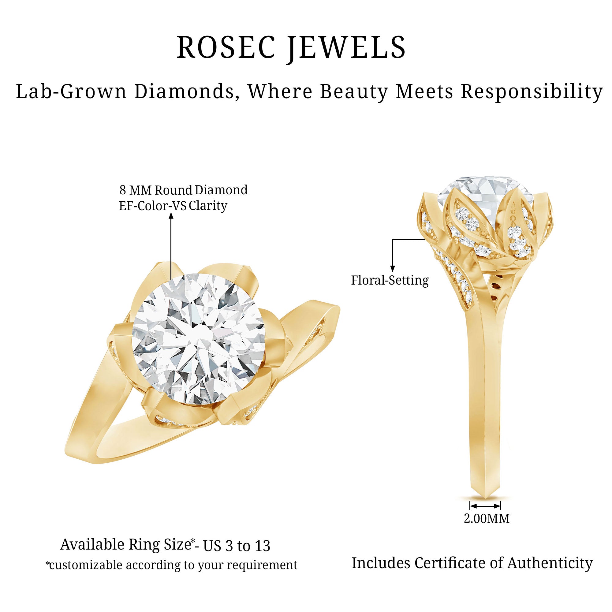 2 Carat Lab Grown Diamond Vintage Floral Engagement Ring Lab - ( EF-VS ) - Rosec Jewels