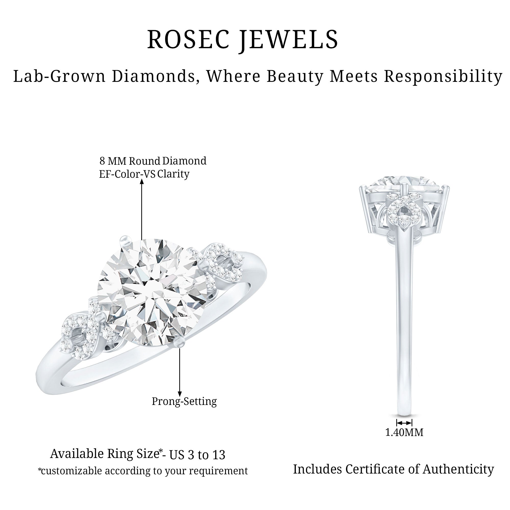 Rosec Jewels-Certified 2 Carat Lab Grown Diamond Solitaire Engagement Ring