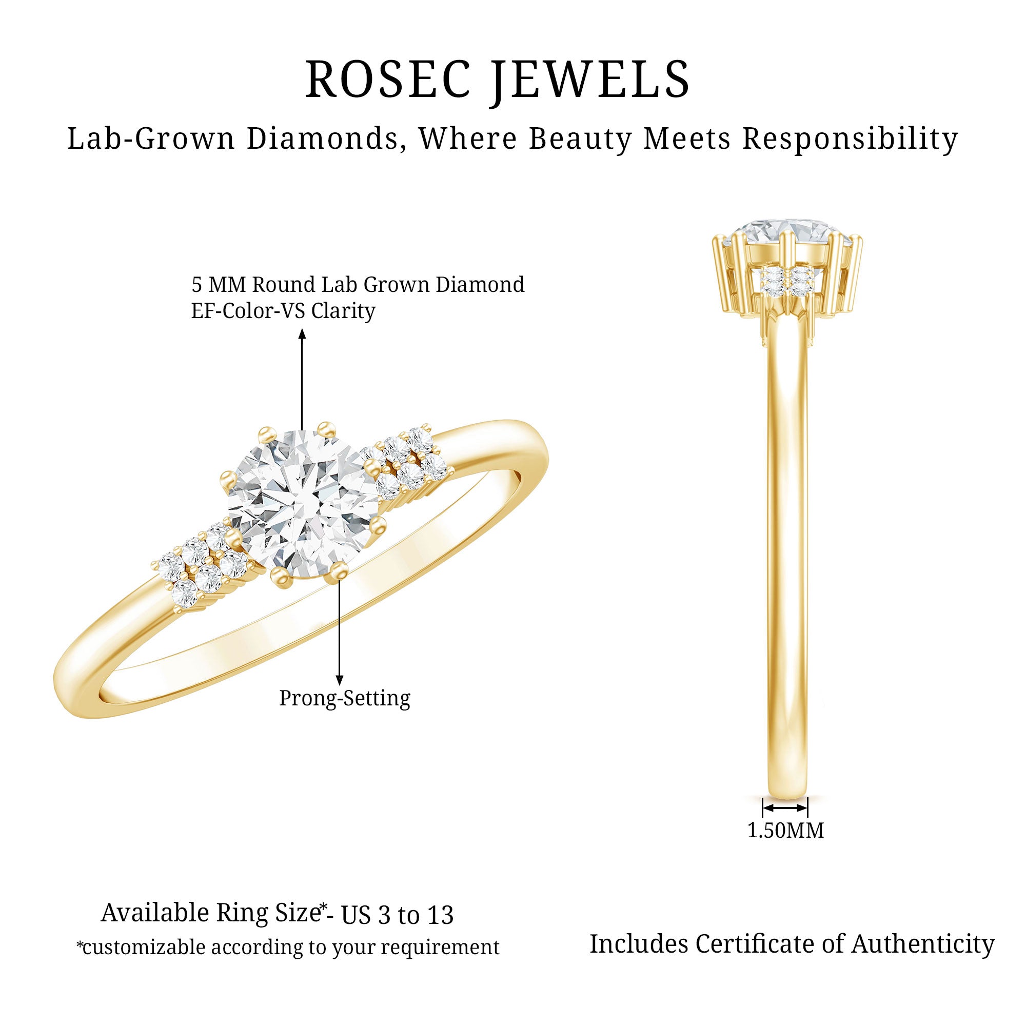 Certified 5 MM Lab Grown Diamond Non Traditional Engagement Ring Lab - ( EF-VS ) - Rosec Jewels