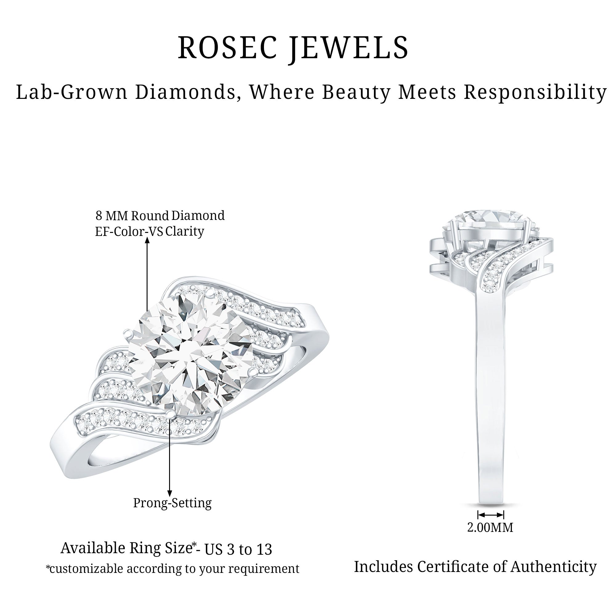 Rosec Jewels-Certified 8 MM Lab Grown Diamond Unique Engagement Ring