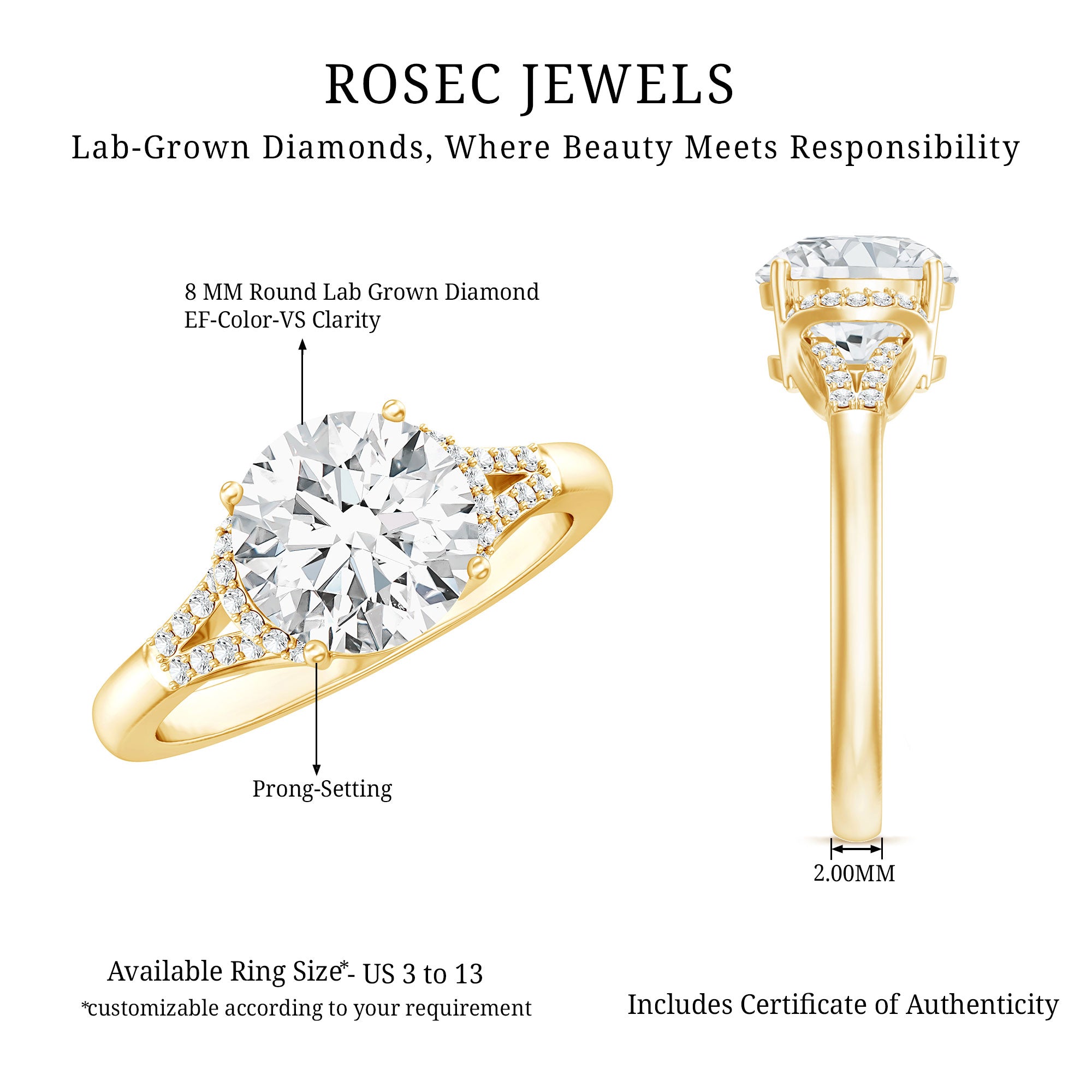 Certified 8 MM Lab Grown Diamond Solitaire Engagement Ring Lab - ( EF-VS ) - Rosec Jewels