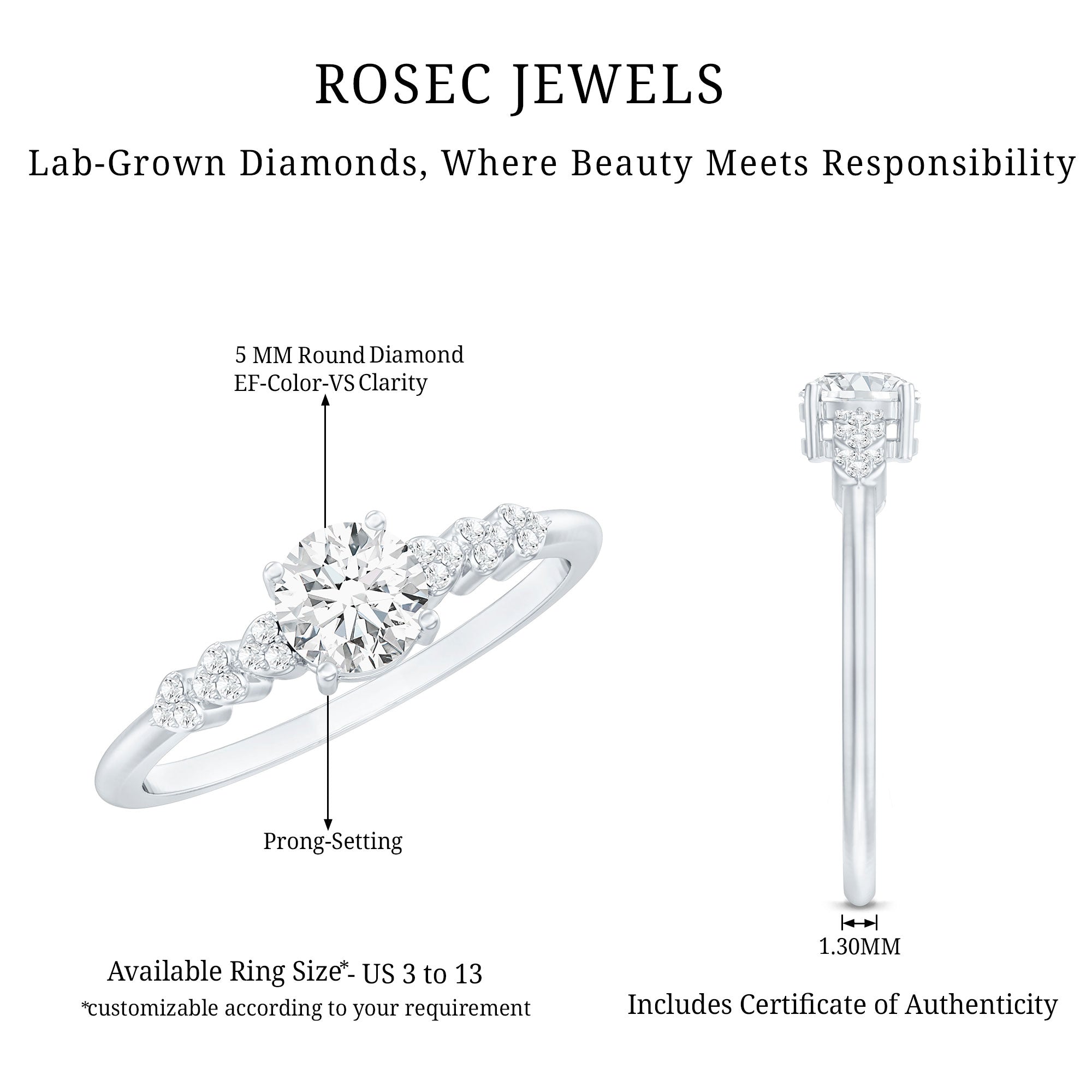 Certified 5 MM Lab Grown Diamond Designer Engagement Ring Lab - ( EF-VS ) - Rosec Jewels