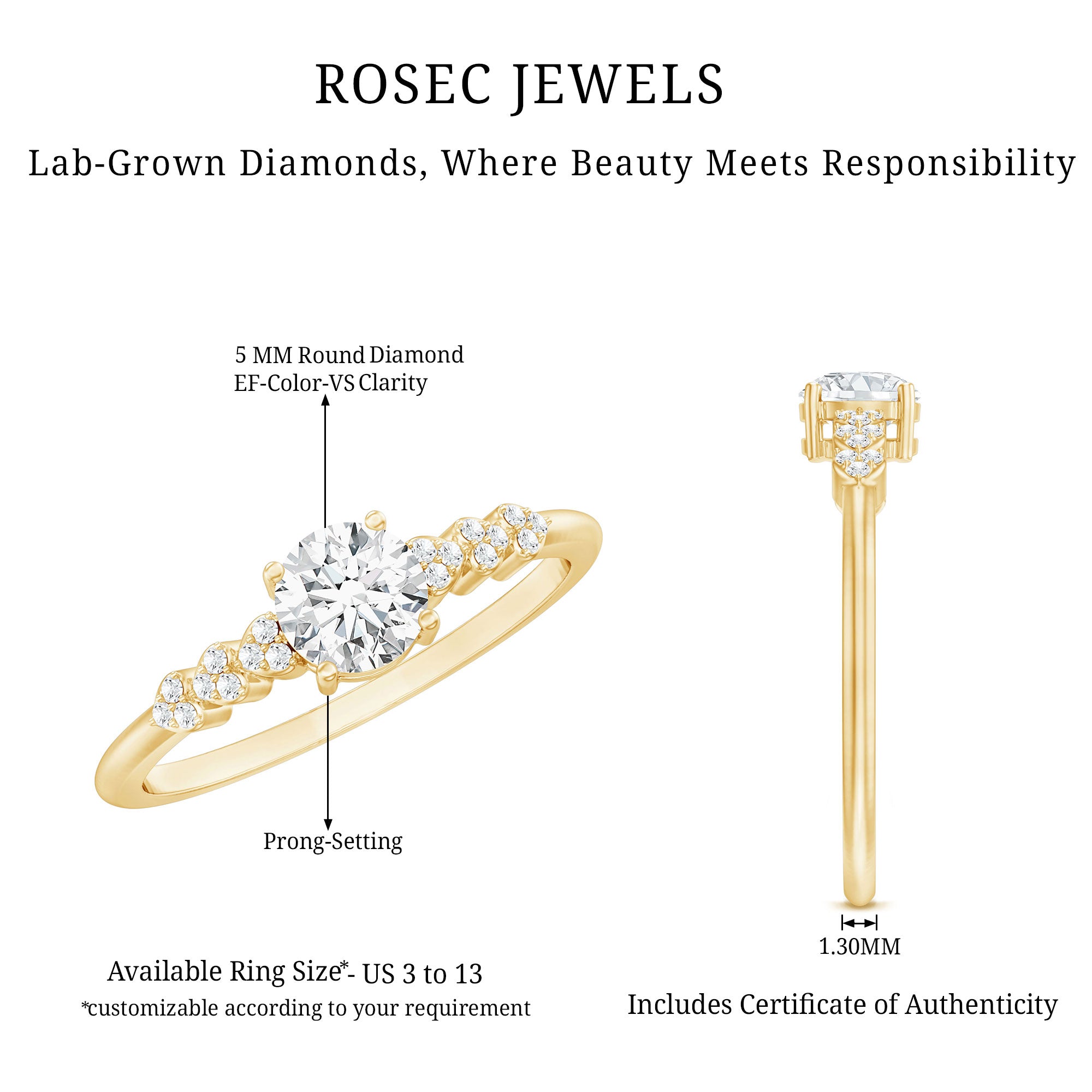 Certified 5 MM Lab Grown Diamond Designer Engagement Ring Lab - ( EF-VS ) - Rosec Jewels