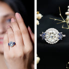 9 mm Lab Grown Diamond Halo Engagement Ring With Blue Sapphire Lab - ( EF-VS ) - Rosec Jewels