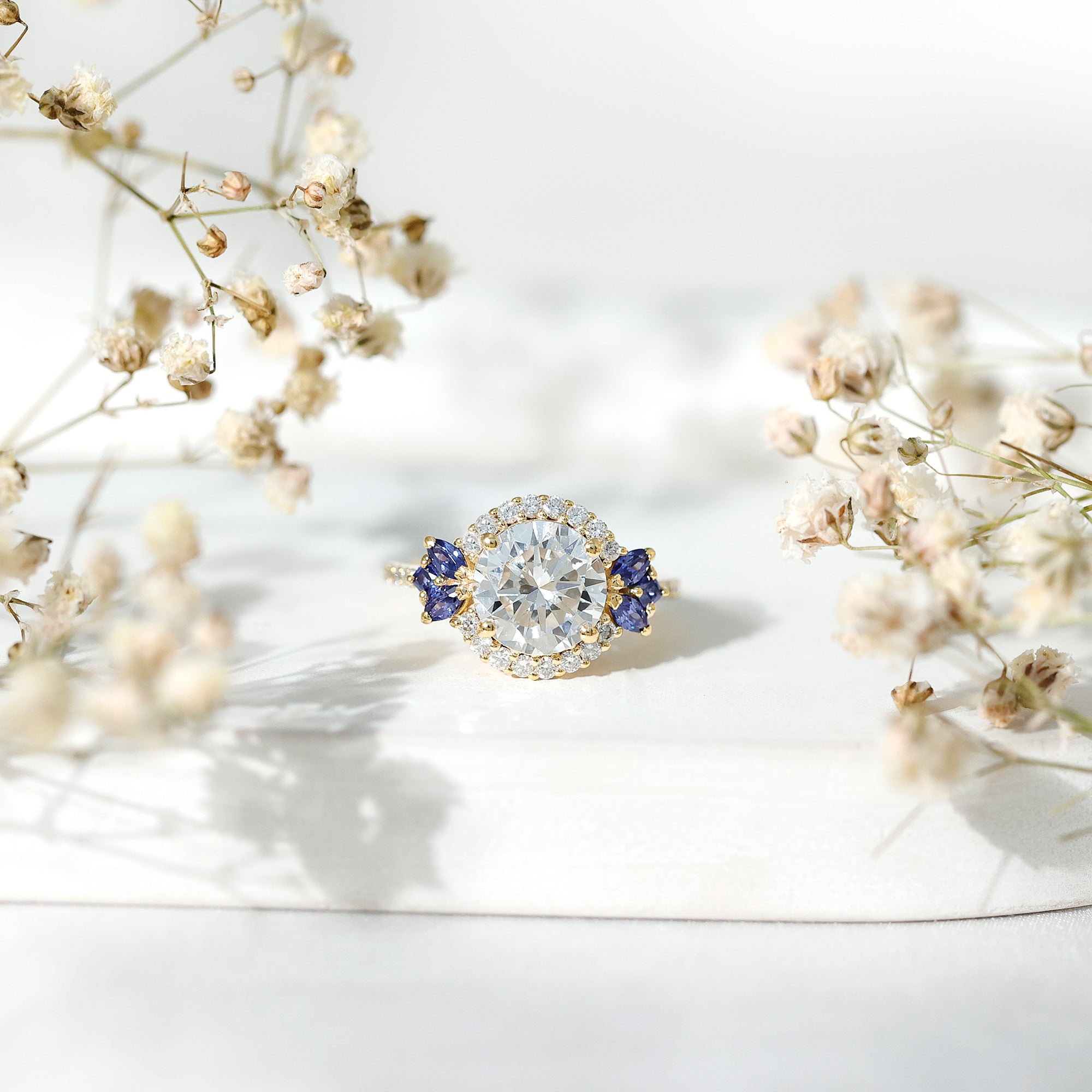9 mm Lab Grown Diamond Halo Engagement Ring With Blue Sapphire Lab - ( EF-VS ) - Rosec Jewels