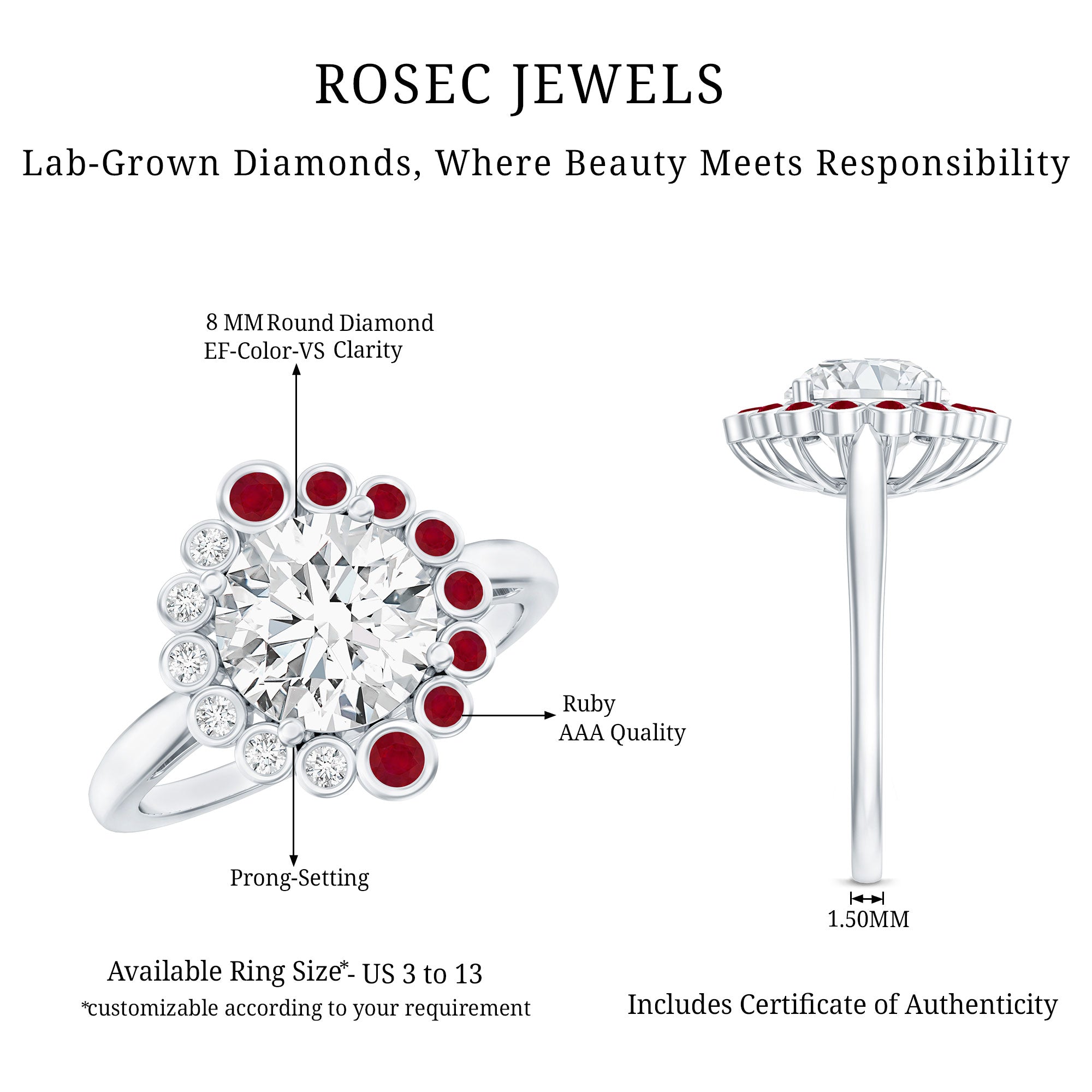 Certified Lab 8 mm Diamond Ruby Halo Engagement Ring For Women Lab - ( EF-VS ) - Rosec Jewels