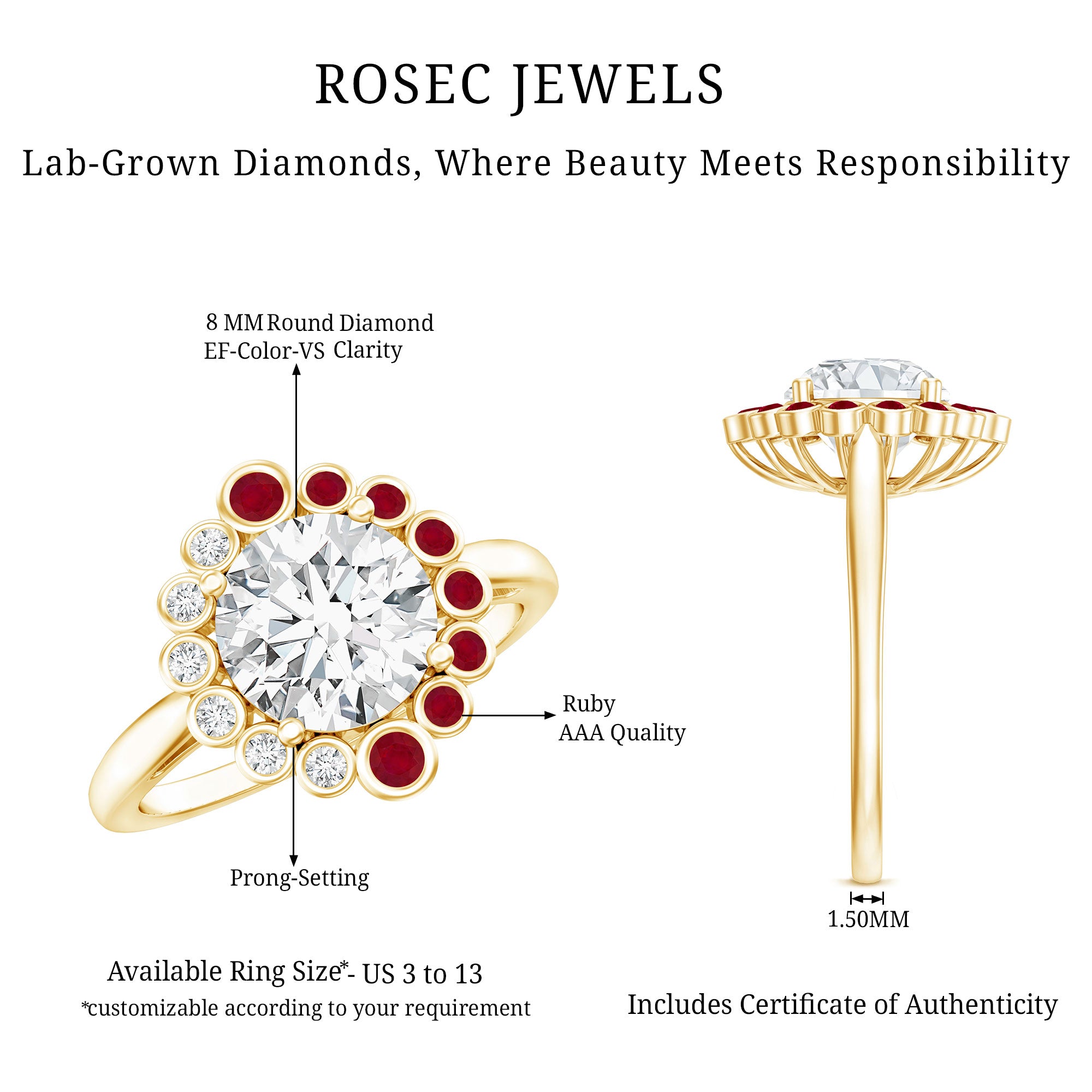 Certified Lab 8 mm Diamond Ruby Halo Engagement Ring For Women Lab - ( EF-VS ) - Rosec Jewels