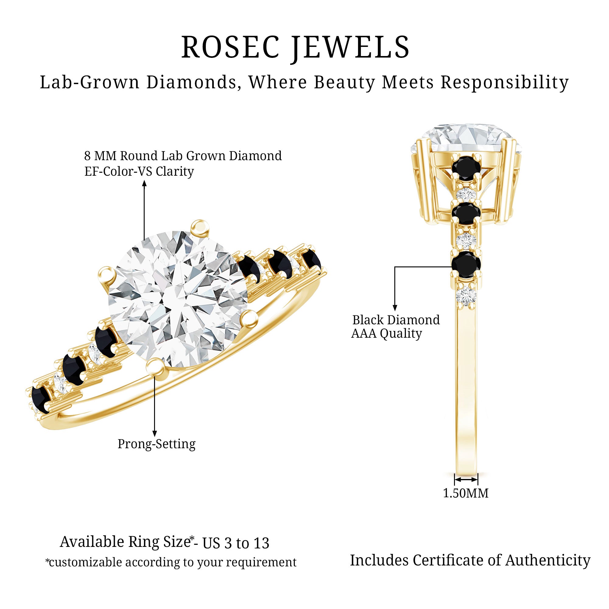 Lab Grown Diamond Designer Engagement Ring with Black Diamond Lab - ( EF-VS ) - Rosec Jewels