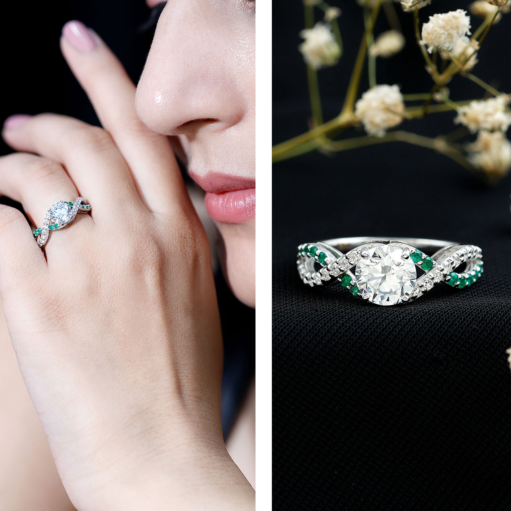 Lab Grown Diamond Crossover Engagement Ring with Emerald Lab - ( EF-VS ) - Rosec Jewels