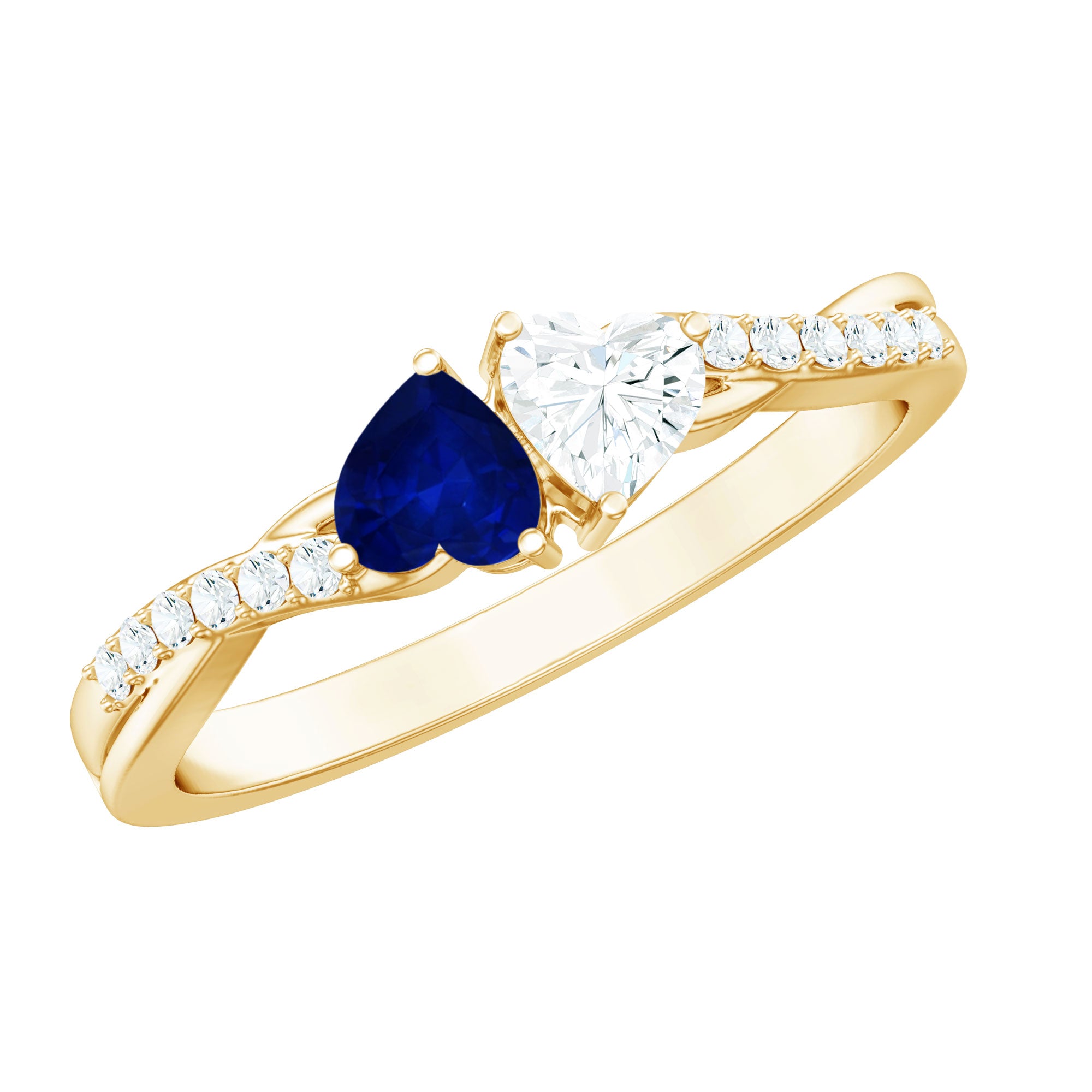 Natural Heart Shape Blue Sapphire Diamond 2 Stone Promise Ring AAA - Rosec Jewels