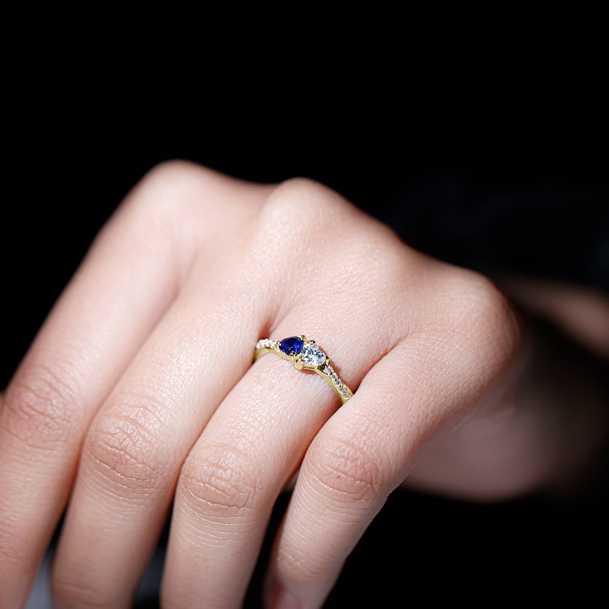 Natural Heart Shape Blue Sapphire Diamond 2 Stone Promise Ring AAA - Rosec Jewels