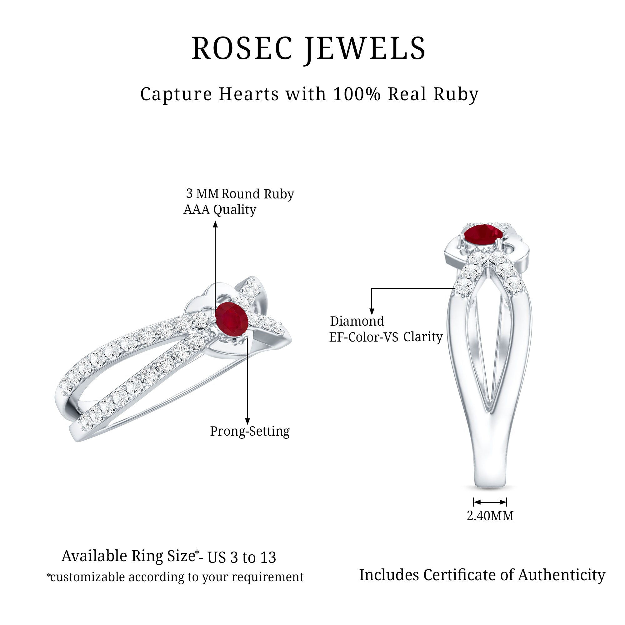 Rosec Jewels-Natural Ruby Heart Promise Ring with Diamond Split Shank