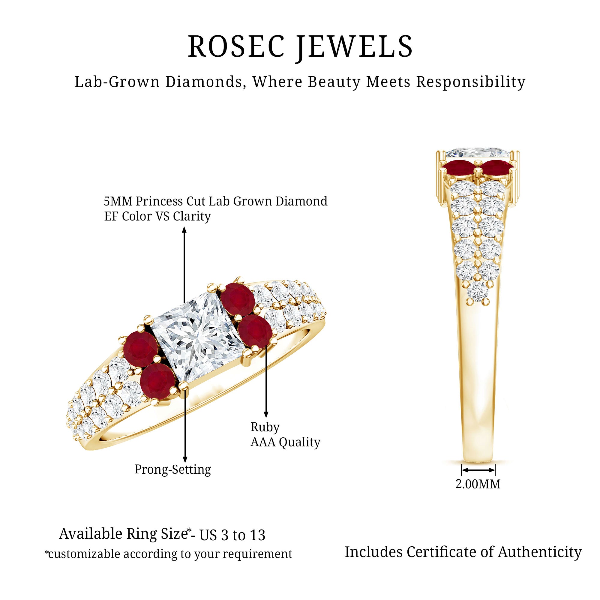 Lab Grown Diamond 5 MM Princess Cut Engagement Ring With Ruby Lab - ( EF-VS ) - Rosec Jewels