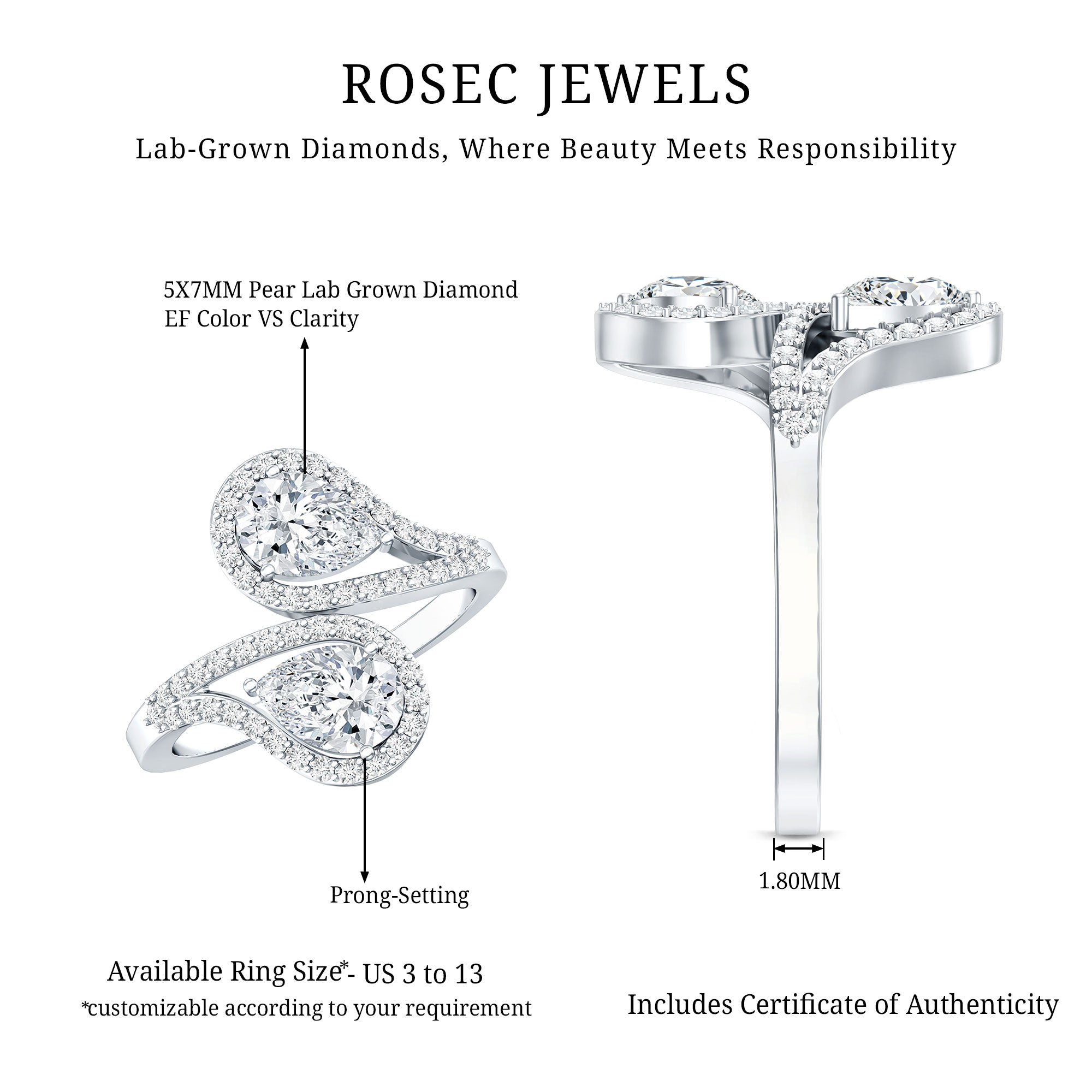 Certified Lab Diamond Toi Et Moi Designer Engagement Ring Lab - ( EF-VS ) - Rosec Jewels