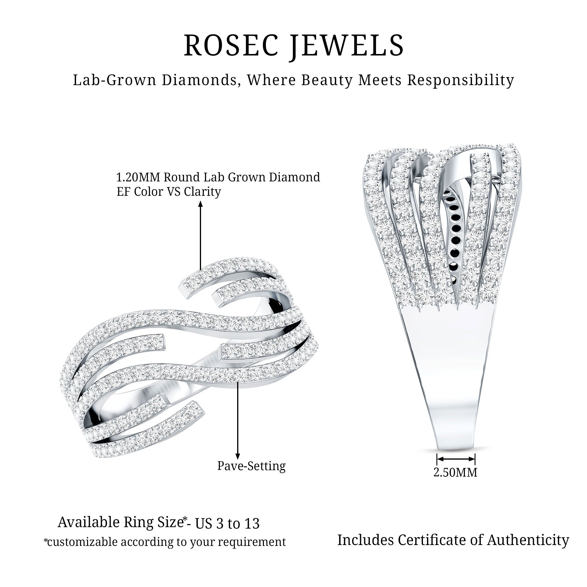 Certified Lab Grown Diamond Wide Wedding Band Lab - ( EF-VS ) - Rosec Jewels