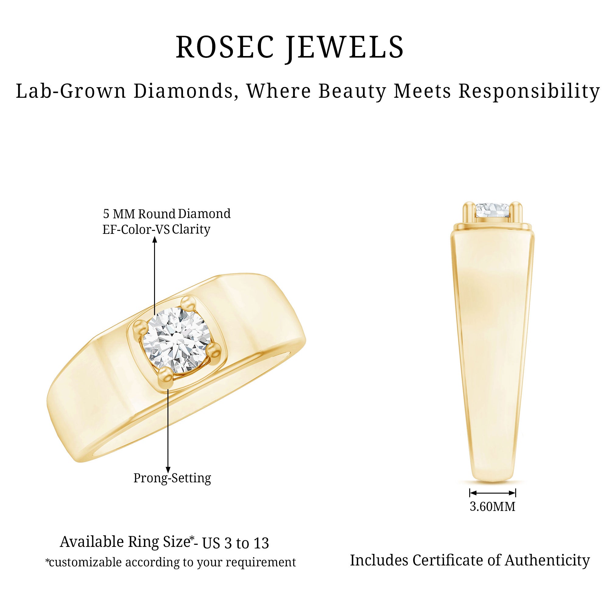 Brilliant Cut Lab Grown Diamond Engagement Ring for Men Lab - ( EF-VS ) - Rosec Jewels